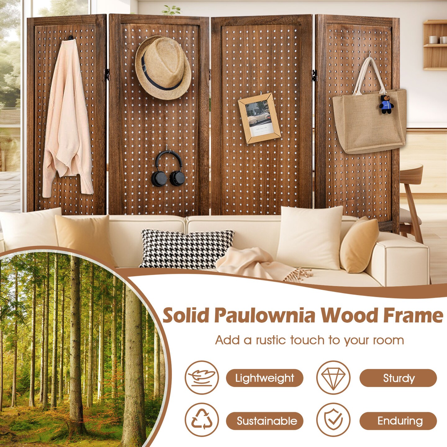 Brown Paulownia Wood Pegboard Room Divider 4-Panel Adjustable Display Stand