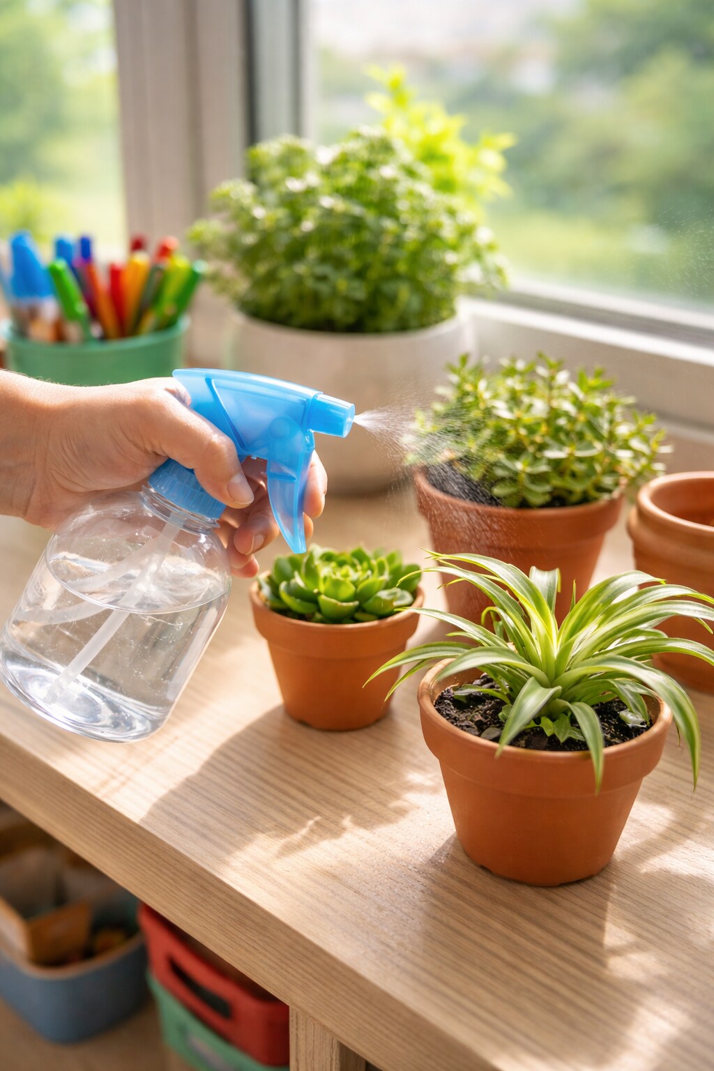 8 oz Clear Plastic Spray Bottle with Adjustable Blue Trigger – Refillable Fine Mist Sprayer for Cleaning, Crafts & Classroom Use