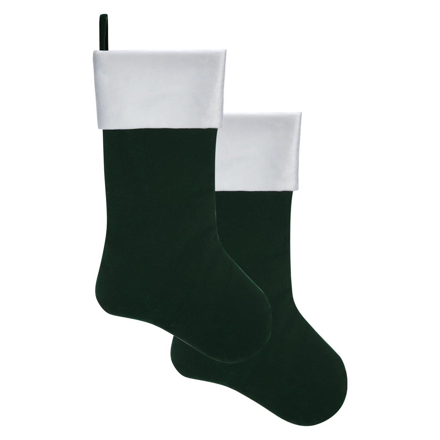 Haute Decor Velveteen Dark Green HangRight Stocking with White Cuff - 20 inches - 2-Pack - Classic Christmas Stockings That Hang Just Right from Your Holiday Mantel