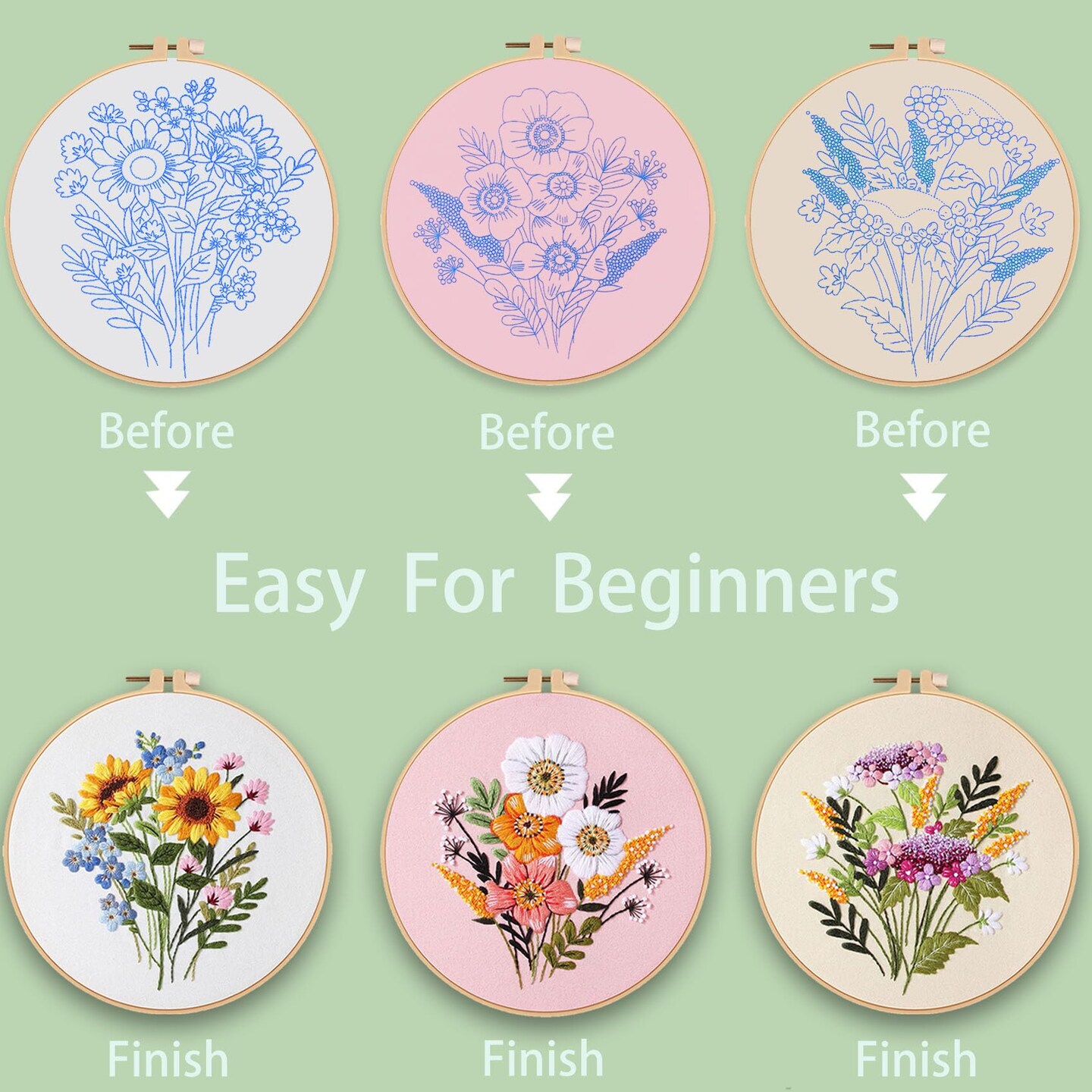 3 Sets Embroidery Kit for Beginners Cross Stitch Kits Needlepoint Kits Crafts for Adults with 3 Embroidery Hoops Easy-to-Follow Operating Instructions,Needle Point Kits with Flowers Patterns