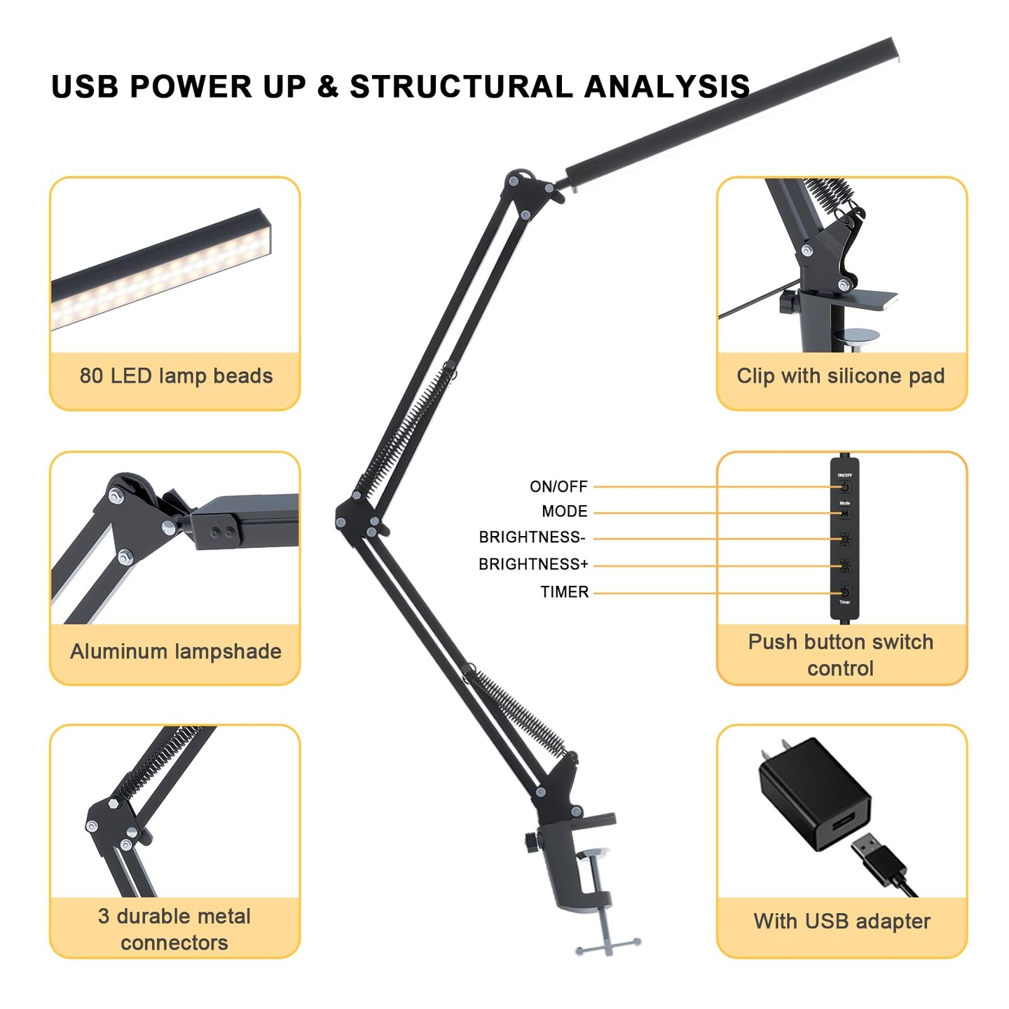 LED Desk Lamp for Home Office, Clamp-On with 5 Light Modes &#x26; Auto Shut Off | 14W Adjustable Brightness 5000K Eye-Caring Lighting for Study/Bedroom/Computer Desk