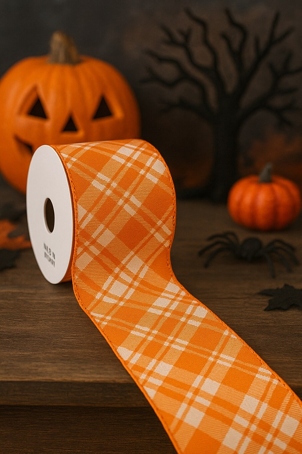 Designer's Shop WR 63-5217 2.5” x 10 yard Holiday Orange and White Plaid wired edge ribbons