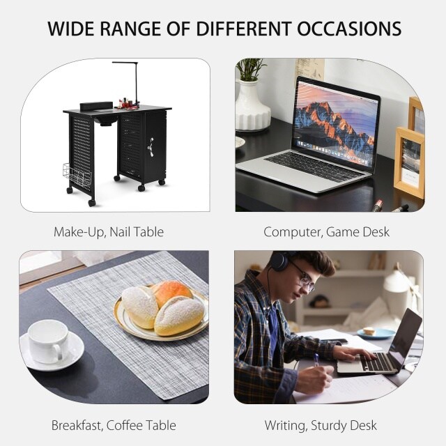 Steel Frame Deluxe Manicure Table with Storage and 5 Removable Drawers, Black