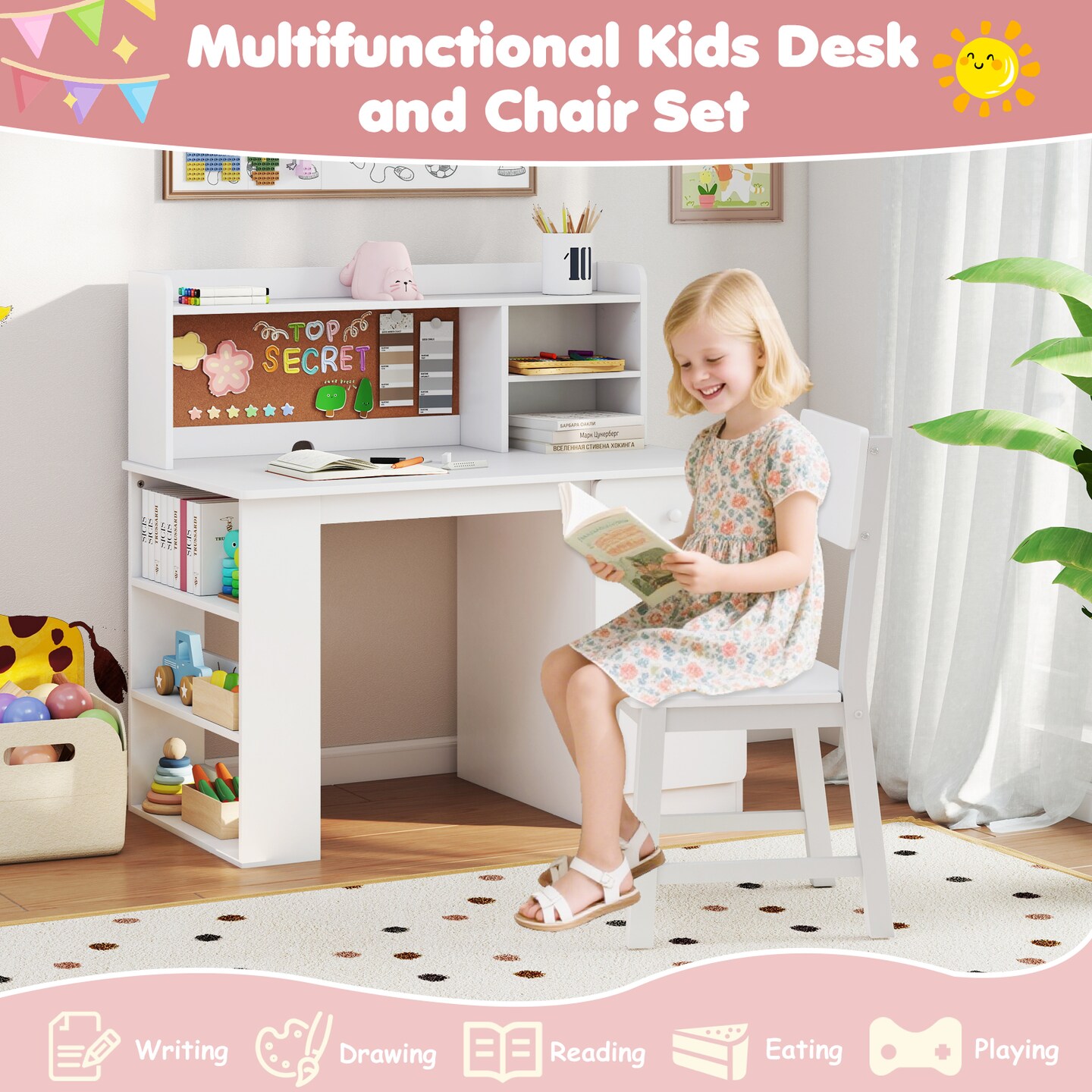 Kids Study Desk Set With Chair Hutch 3-Tier Side Shelf Writing Drawing Table