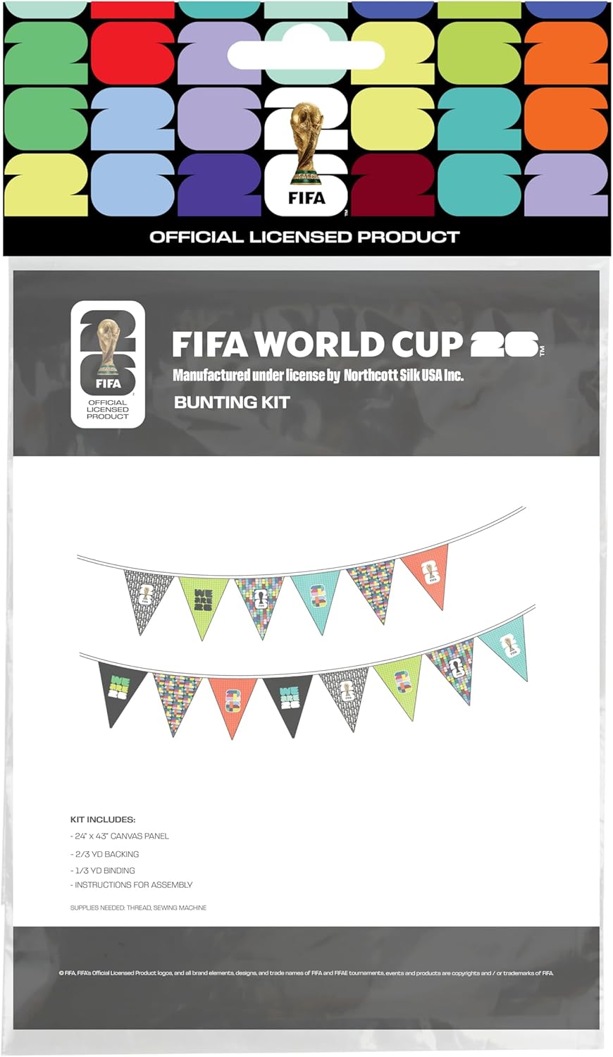 FIFA World Cup DIY Canvas Bunting Kit – Soccer Fan Sewing Craft Kit – Includes 24" x 43" Multicolor Fabric Panel, Backing, Binding & Instructions – Create 11ft Handmade Wall or Party Decoration