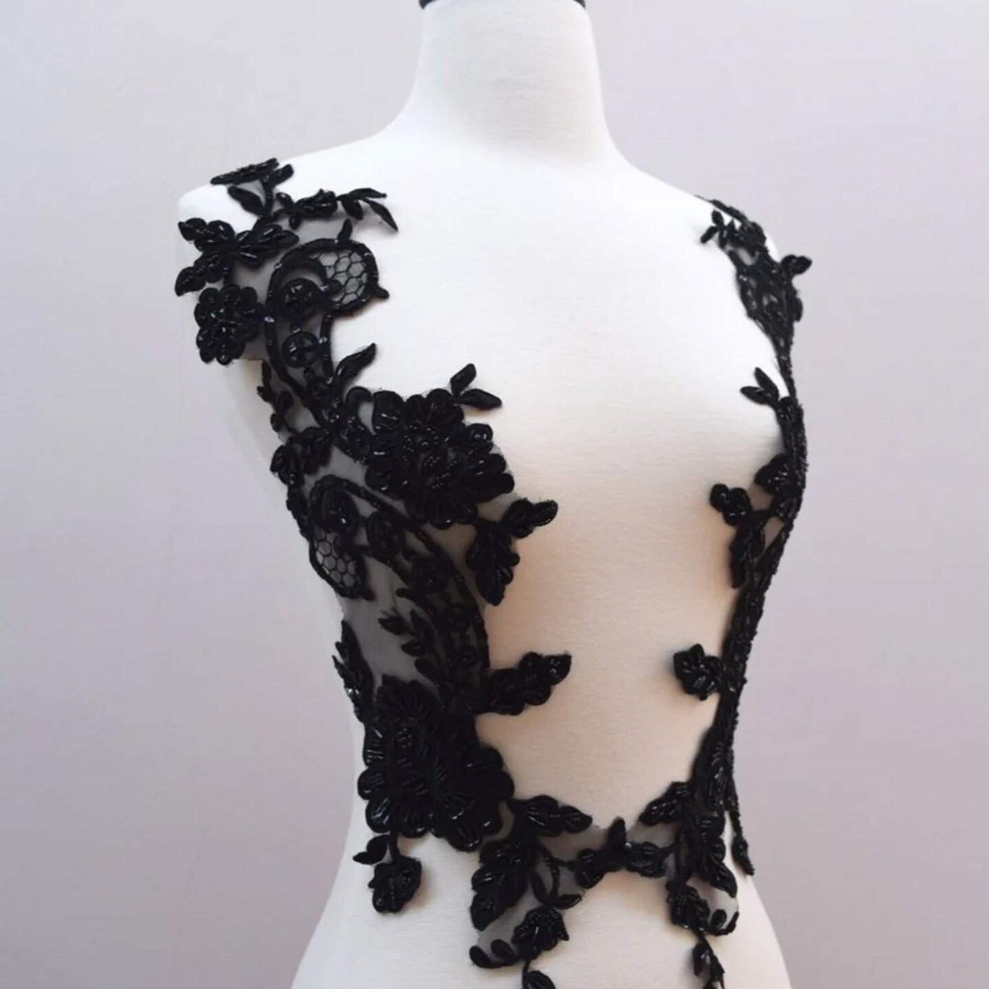 2 Pieces 21" x 6" Design Large Black Beaded Floral Applique Pair Extra Long