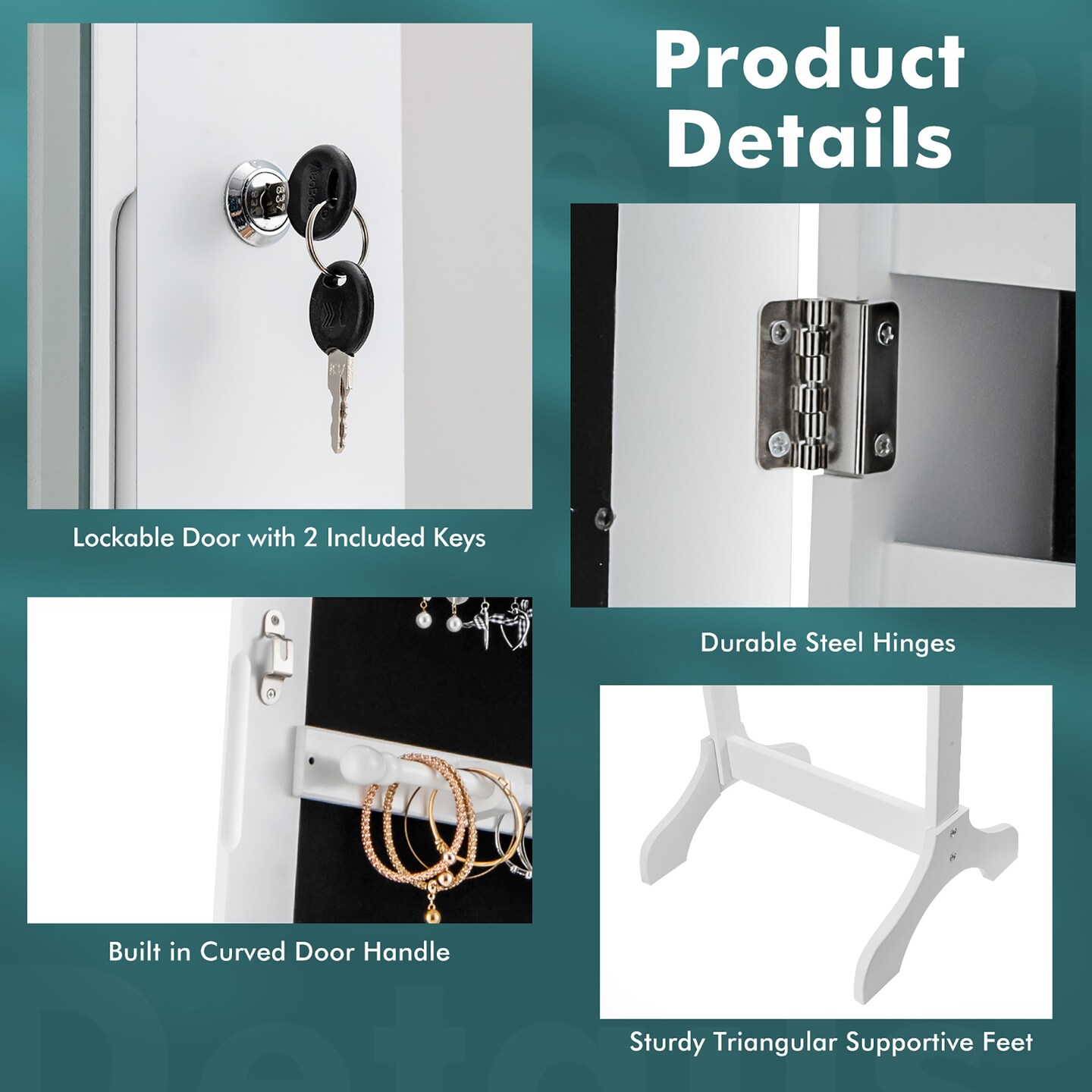 Costway Standing Jewelry Cabinet Armoire Organizer LED Light Mirror Lockable White