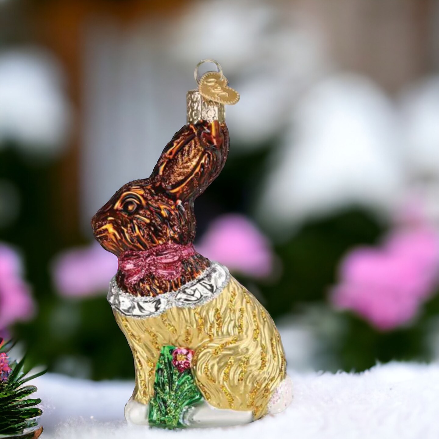 Old World Christmas 4.25 In Chocolate Easter Bunny Tree Ornament , Ornament Foiled Sitting Pink Bow