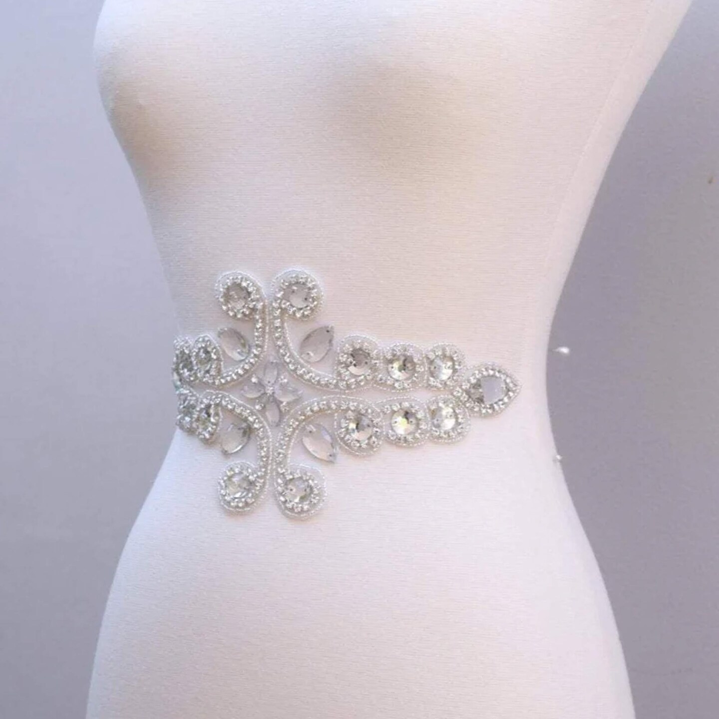 11.5" x 5" Silver Rhinestone Bridal Belt Applique Double Swirl Waist Dress Patch