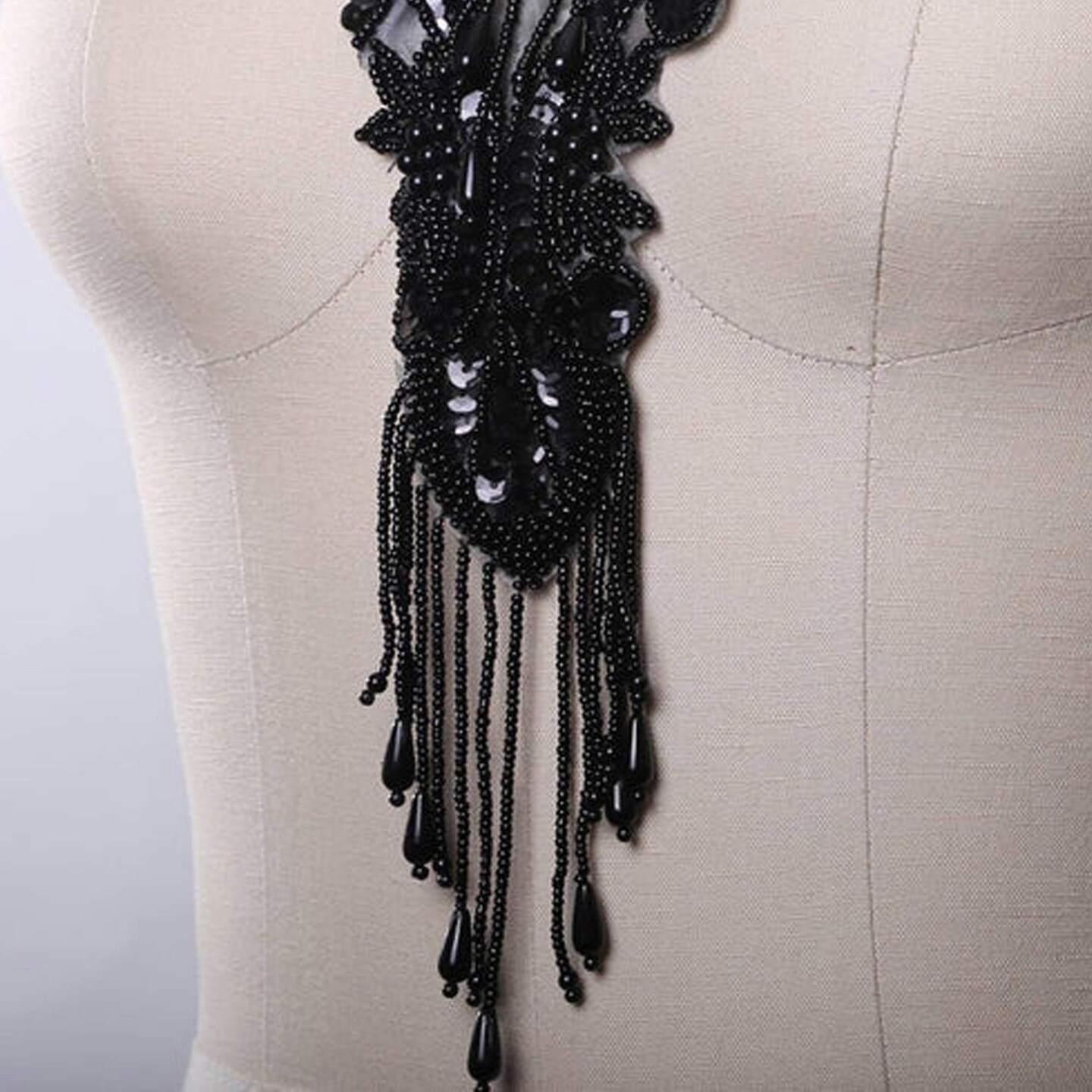 Black Beaded Sweetheart Shape Applique with Sequins and Iron On Fringe Patch