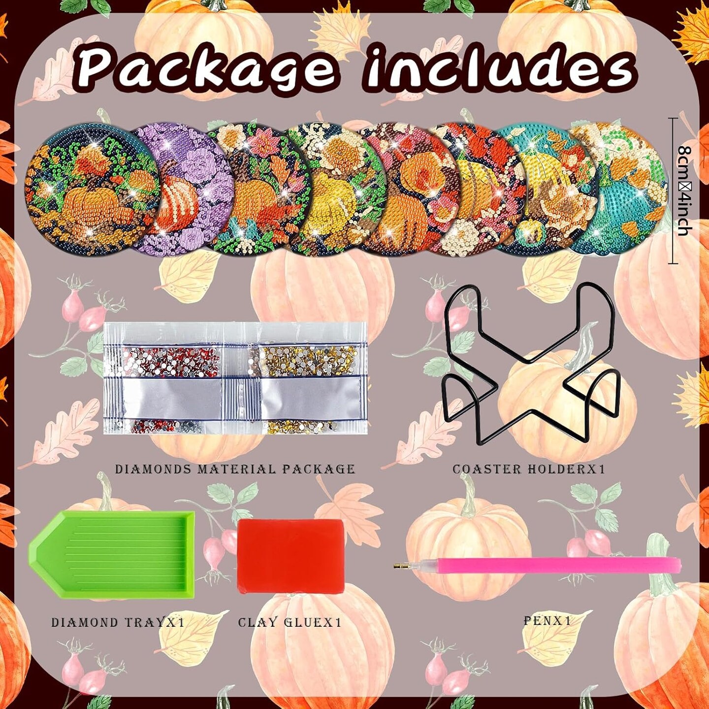 8 Pcs Fall Pumpkin Diamond Art Painting Coasters Kits (Fall Pumpkin-2) 4 x 4 x 0.1 inches