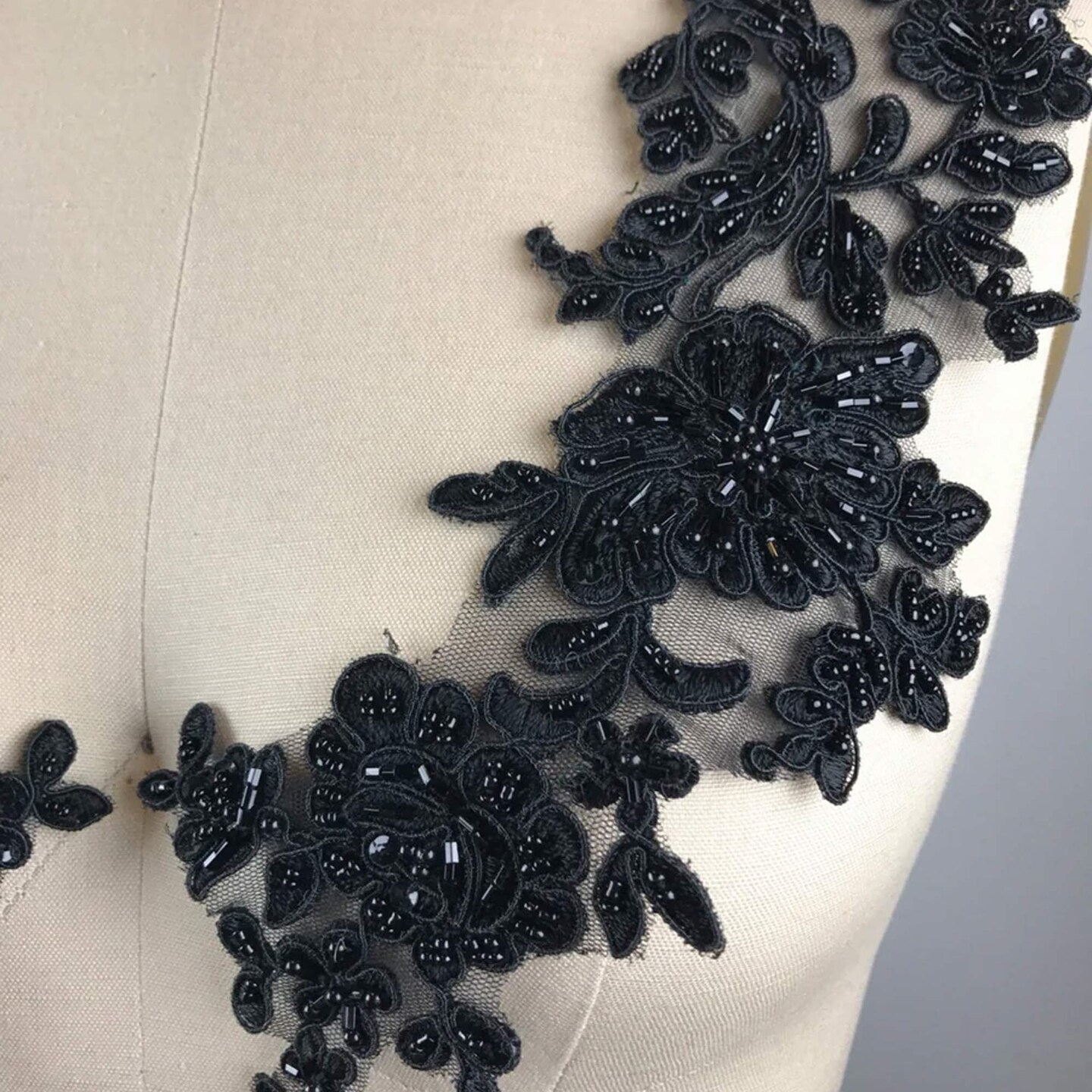 2 Pieces : 13" x 3.5" Black Lace Appliques with Beads for Dressmaking Neckline and Formal Sewing Projects