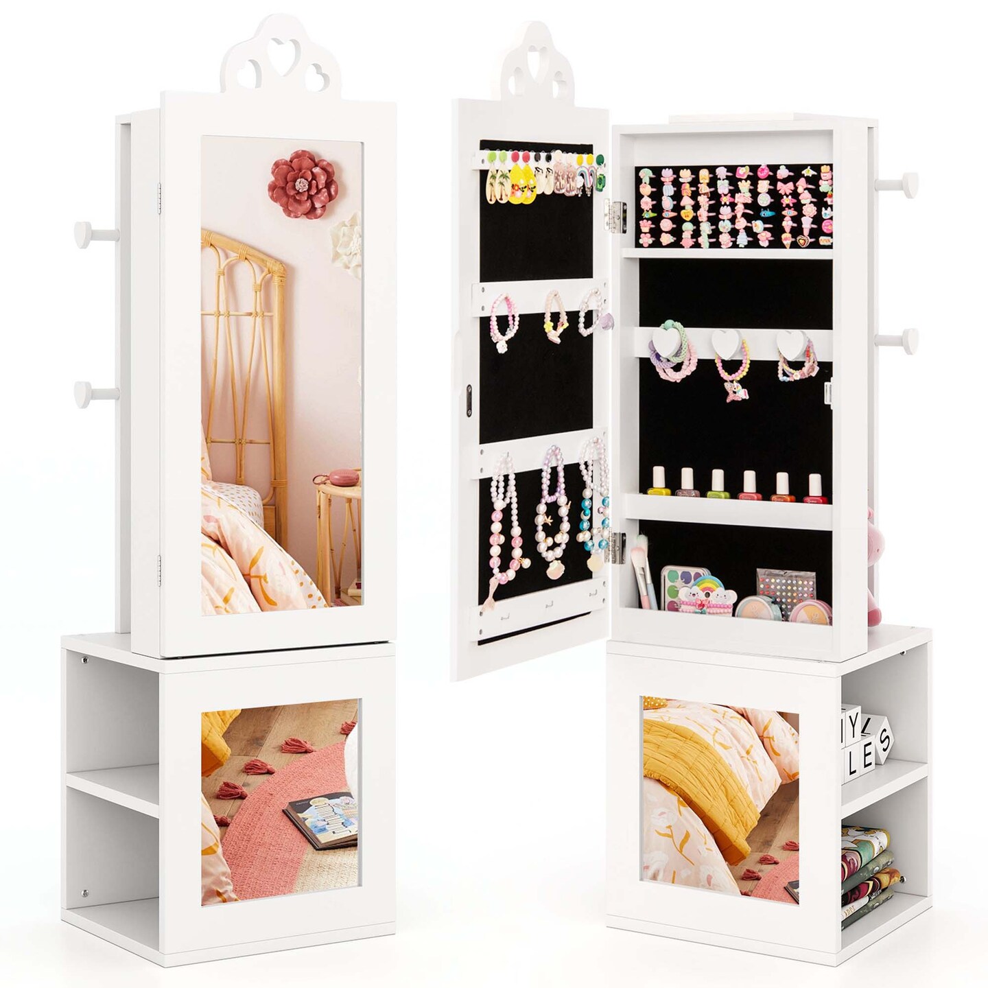 Costway Kids Jewelry Cabinet Standing Children Jewelry Organizer with Full-Length Mirror White/Pink