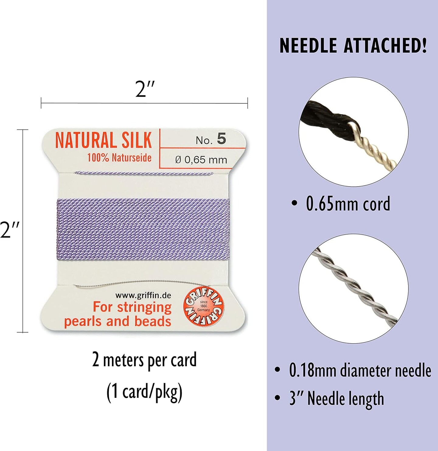Griffin Silk Bead Cord Perlseide – Size 5 (0.65mm) – 2 Meters per Card – Stainless Steel Needle Attached – for Knotting Pearls, Gemstones, Crystals and Beads