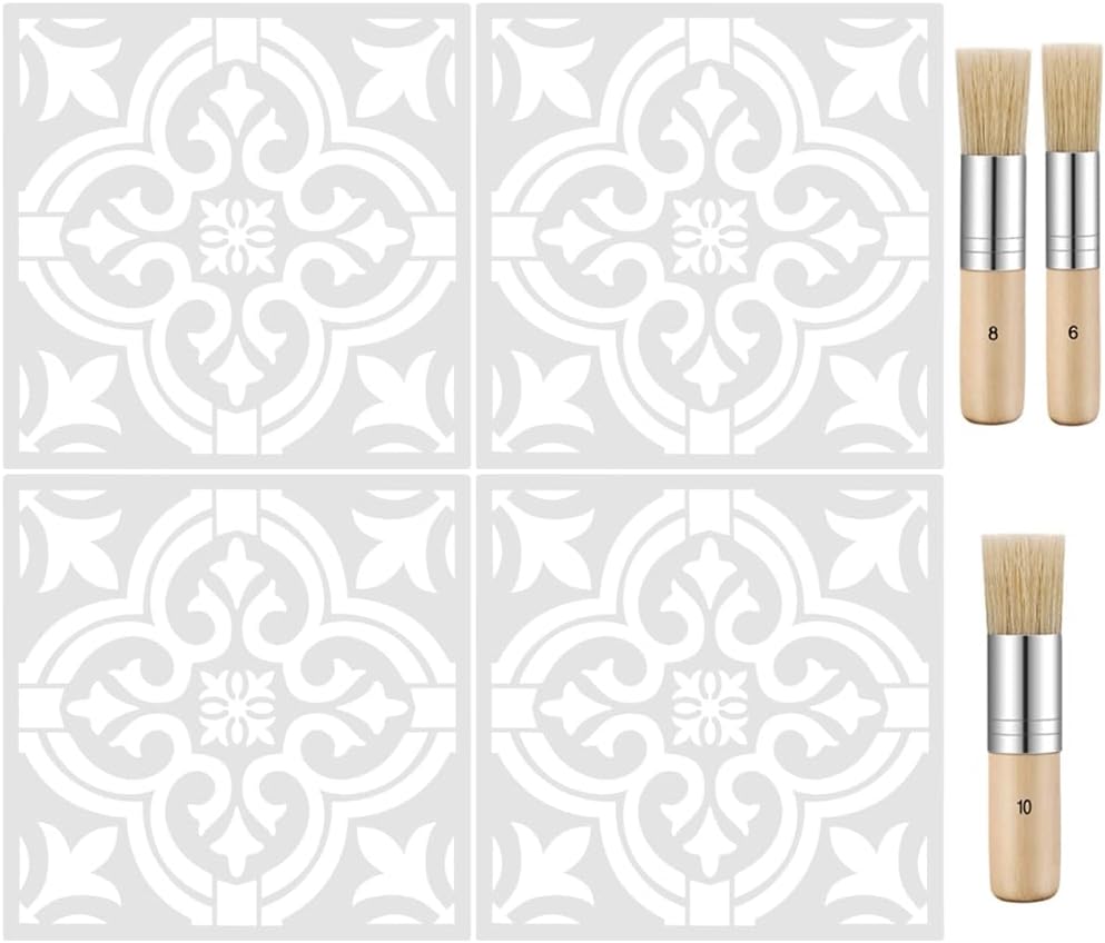 7-Piece Mandala Tile Stencil Kit (12 x 12 Inch) – Reusable Modern Wall & Floor Painting Templates with Bristle Brushes for DIY Home Decor