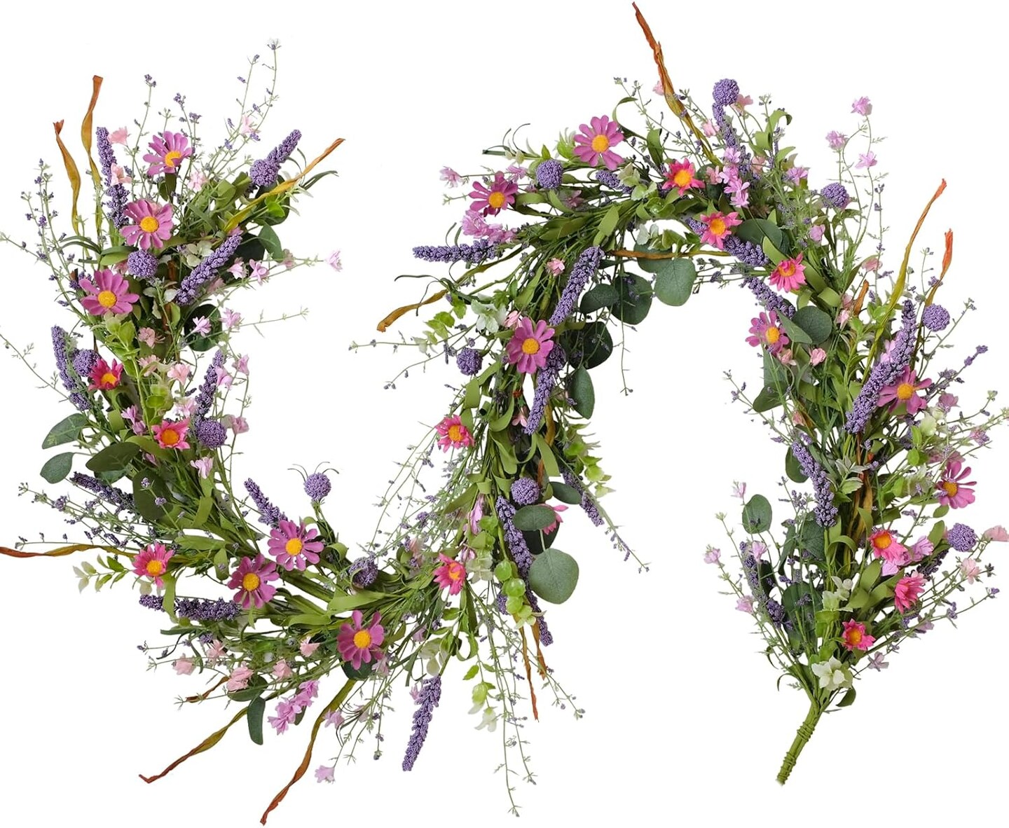 Spring Floral Garlands – 70inch/5.9Ft Artificial Flower Garland with Daisies & Lavender, Fake Greenery Vine for Baby Shower, Wedding, Mantle, Party, Table Centerpiece, All Season Decor