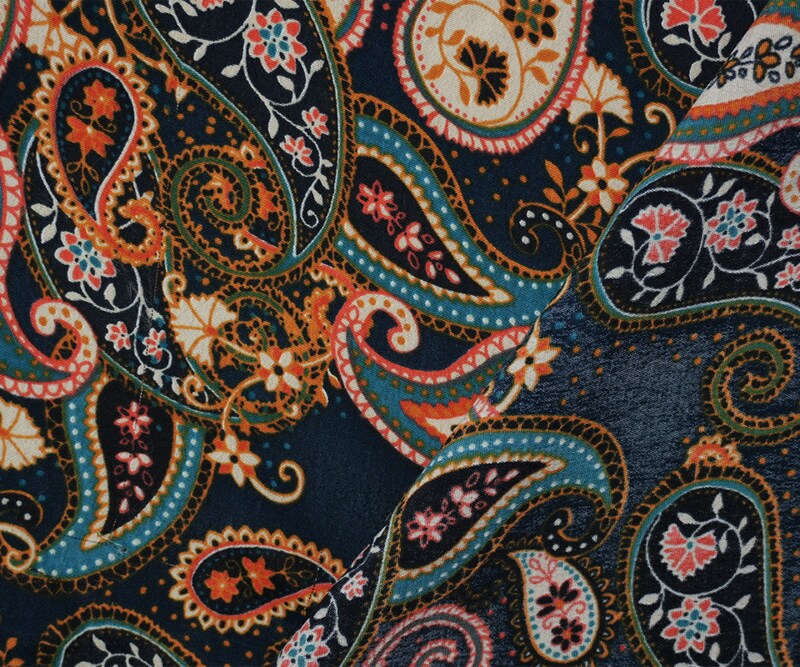 Blue-Ivory-Multi Rayon Paisley Printed Crepe Faille Woven Fabric By the Yard