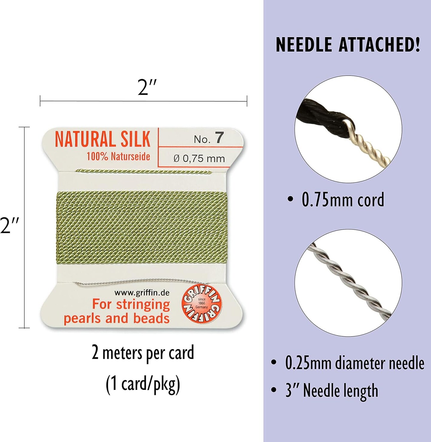 Griffin Silk Bead Cord Perlseide – Size 7 (0.75mm) – 2 Meters per Card – Stainless Steel Needle Attached – for Knotting Pearls, Gemstones, Crystals and Beads