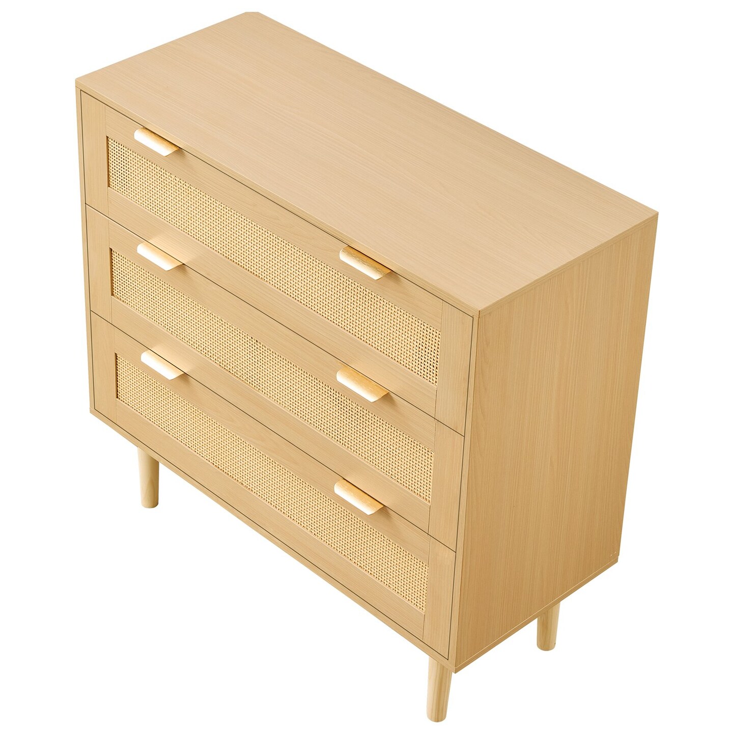 Natural Rattan 3 Drawer Dresser with Wooden Legs and Metal Handles