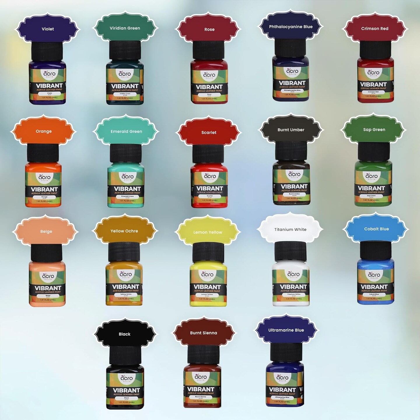 Acrylic Leather Paint - 18 Color with 5 Paint Brushes (Vibrant - 18 Colors)