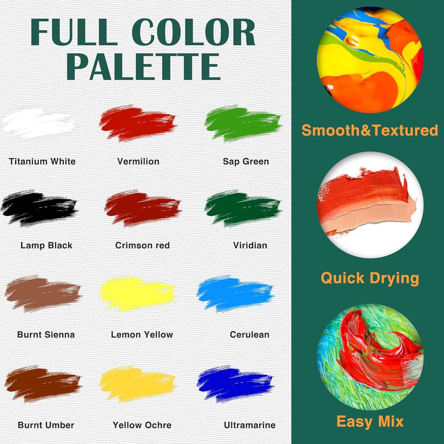Set with 10 Paint Brushes12 Color 12ml Acrylic Paint,1 Palettes and 4 Pcs Canvas
