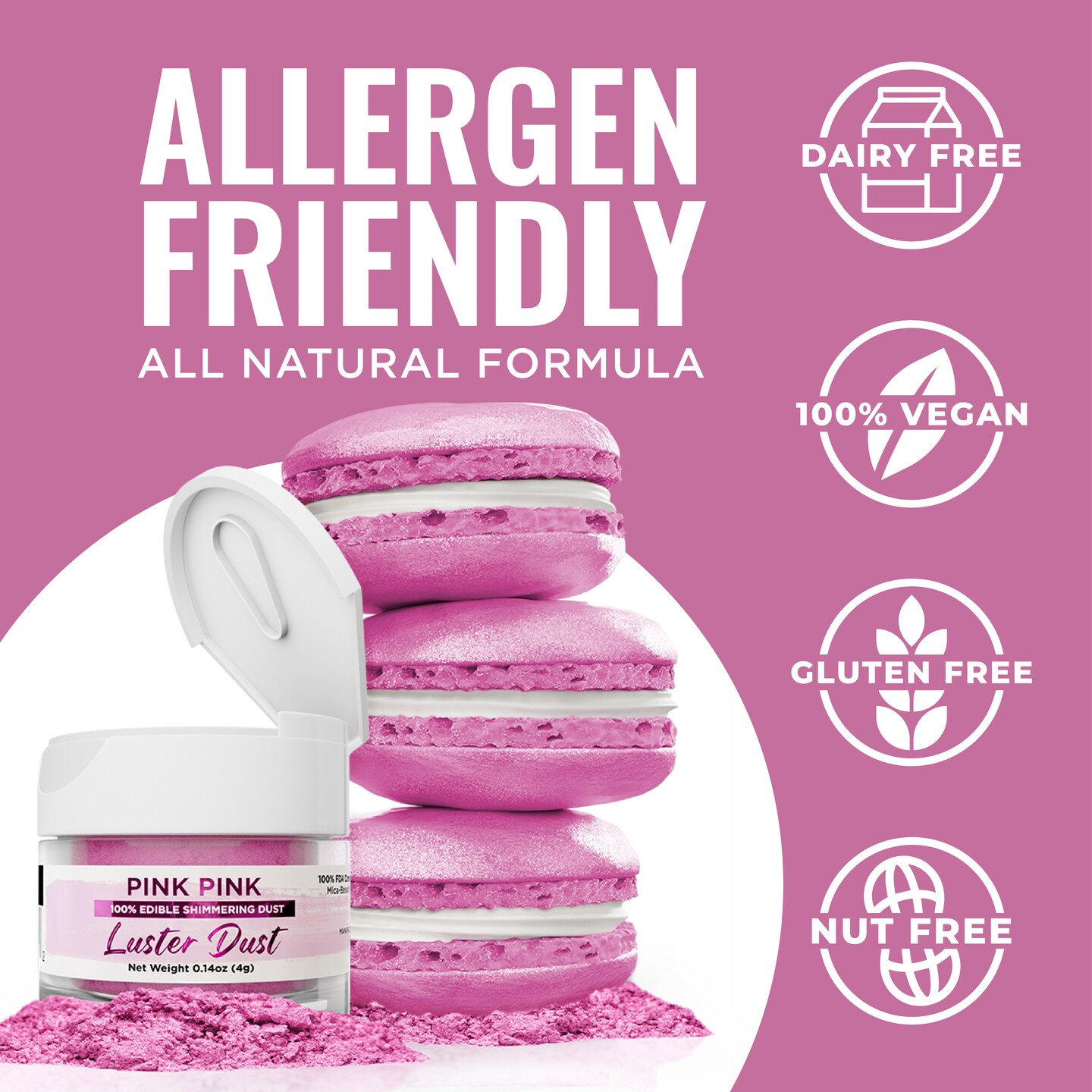 Bakell - Pink Pink Luster Dust (4g, 1x Jar) Edible Vegan Dust & Paint for Baking, Desserts and Beverages