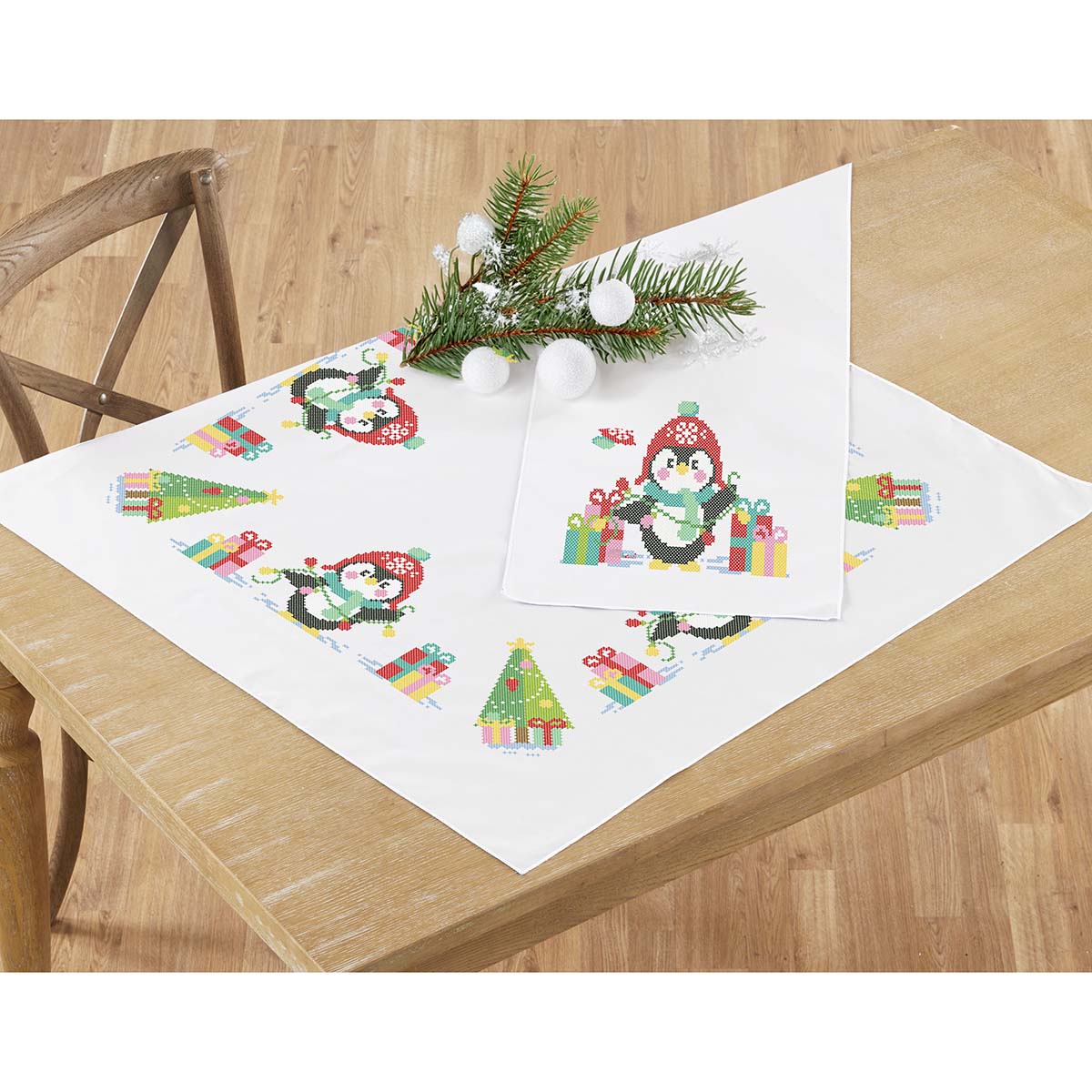 Herrschners Penguin Pals Topper & Runner Stamped Cross-Stitch