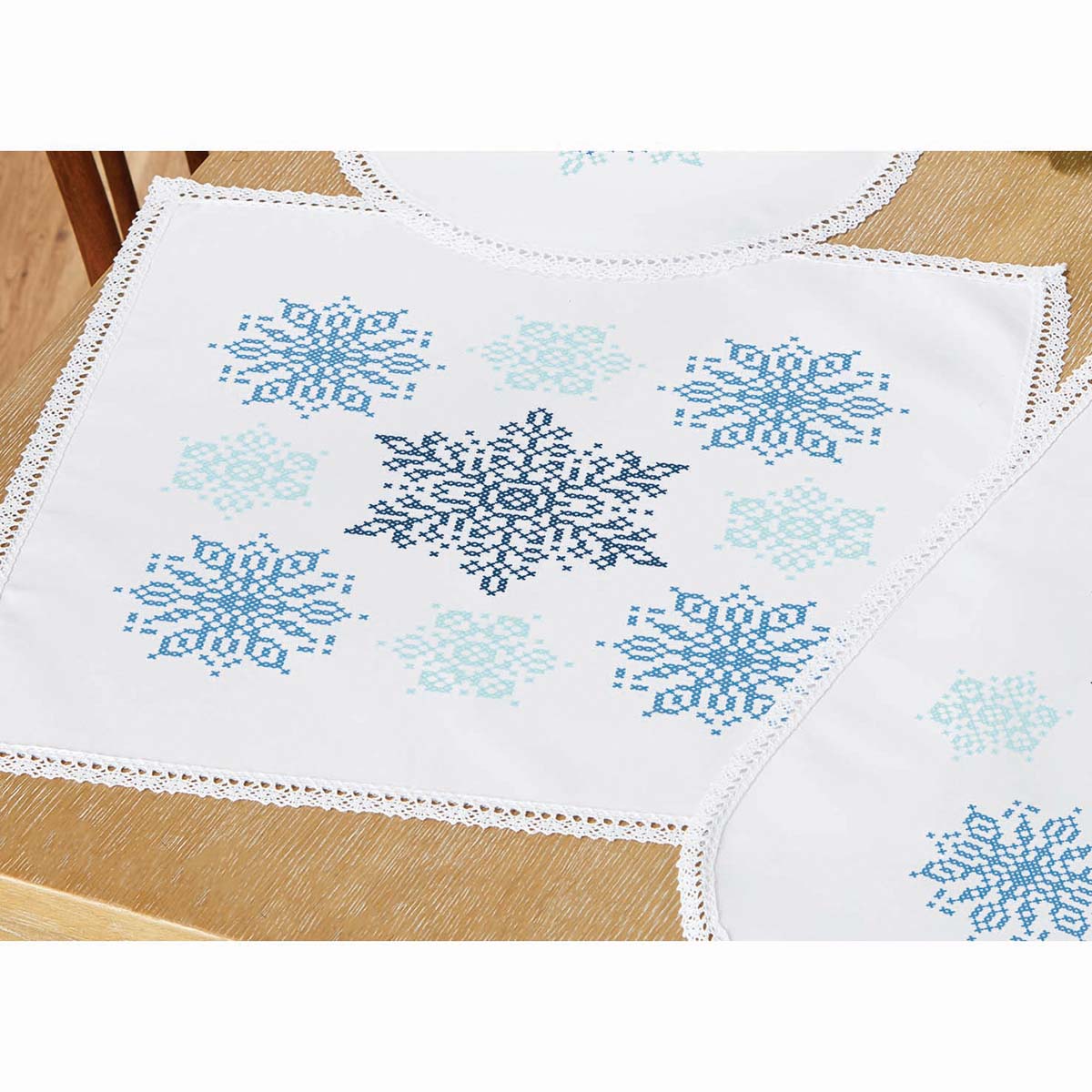 Herrschners  Snow Crystals Table Topper Stamped Cross-Stitch