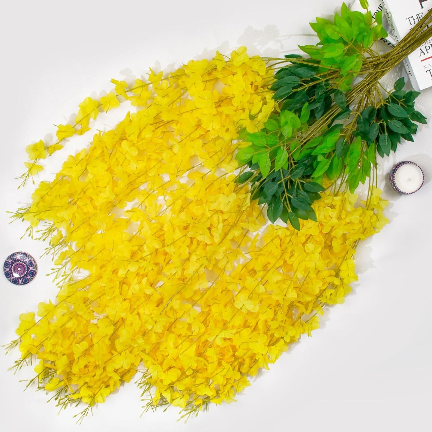 24 Pack Yellow Wisteria Artificial Flower Garland – Hanging Silk Vines for Home, Garden, Party, Wedding Backdrop & Arch Décor
