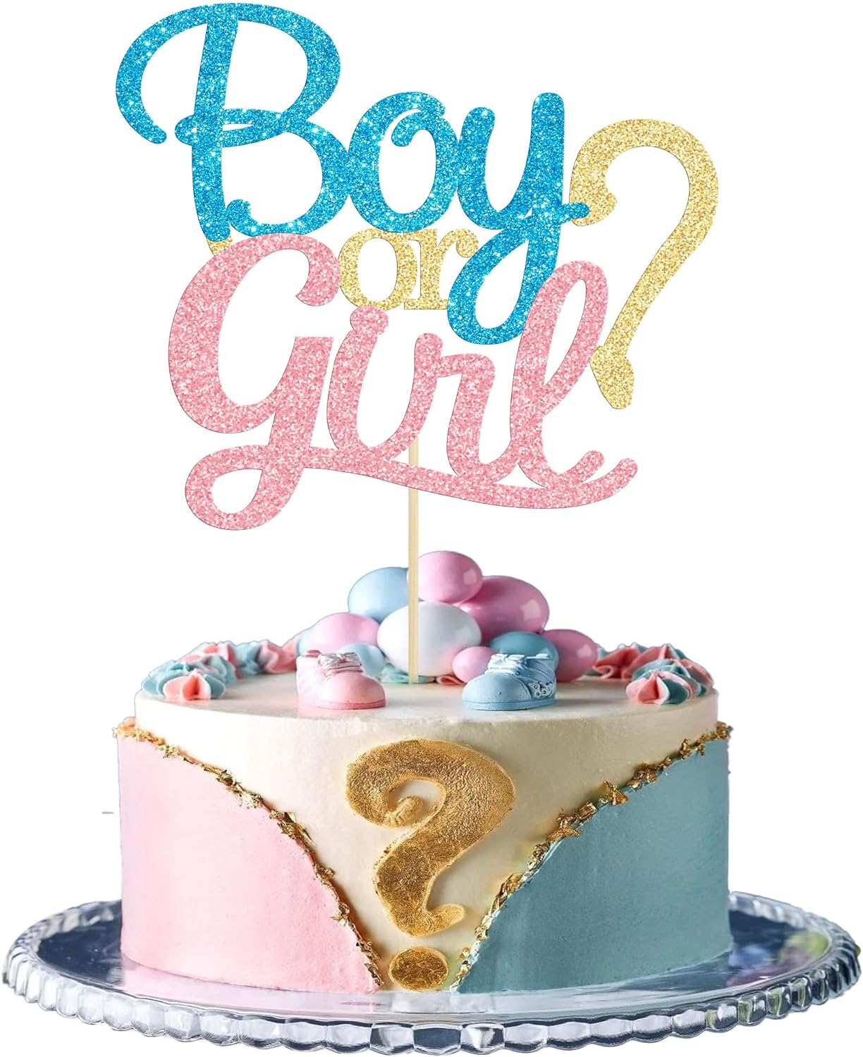 1 Pack Glitter Boy or Girl Cake Topper Blue and Pink Glitter He or She Cake Decoration Pick for Baby Shower Gender Reveal Party Decorations Supplies