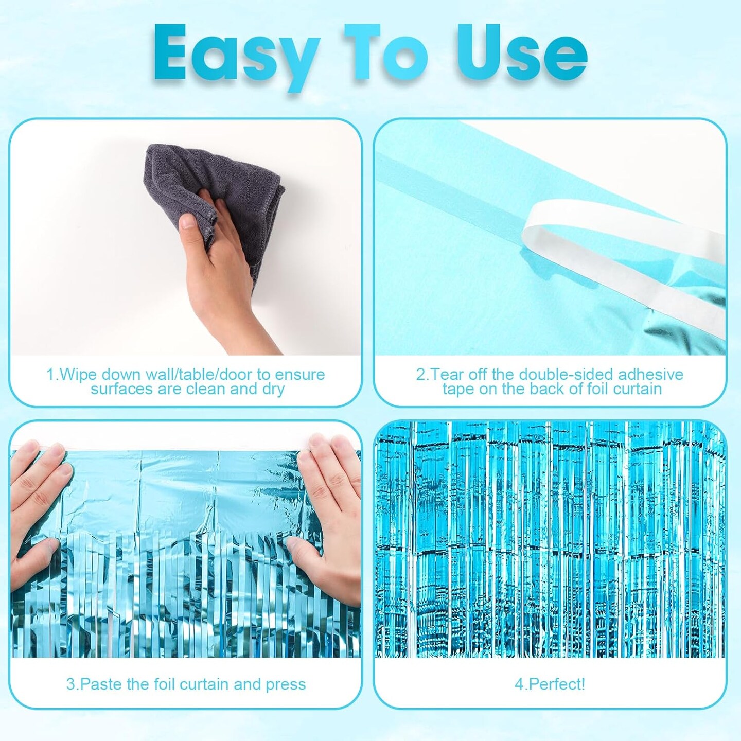 Light Blue Foil Fringe Backdrop Curtains, Tinsel Streamers Birthday Party Decorations, Fringe Backdrop for Baby Shower, Gender Reveal Party Decorations