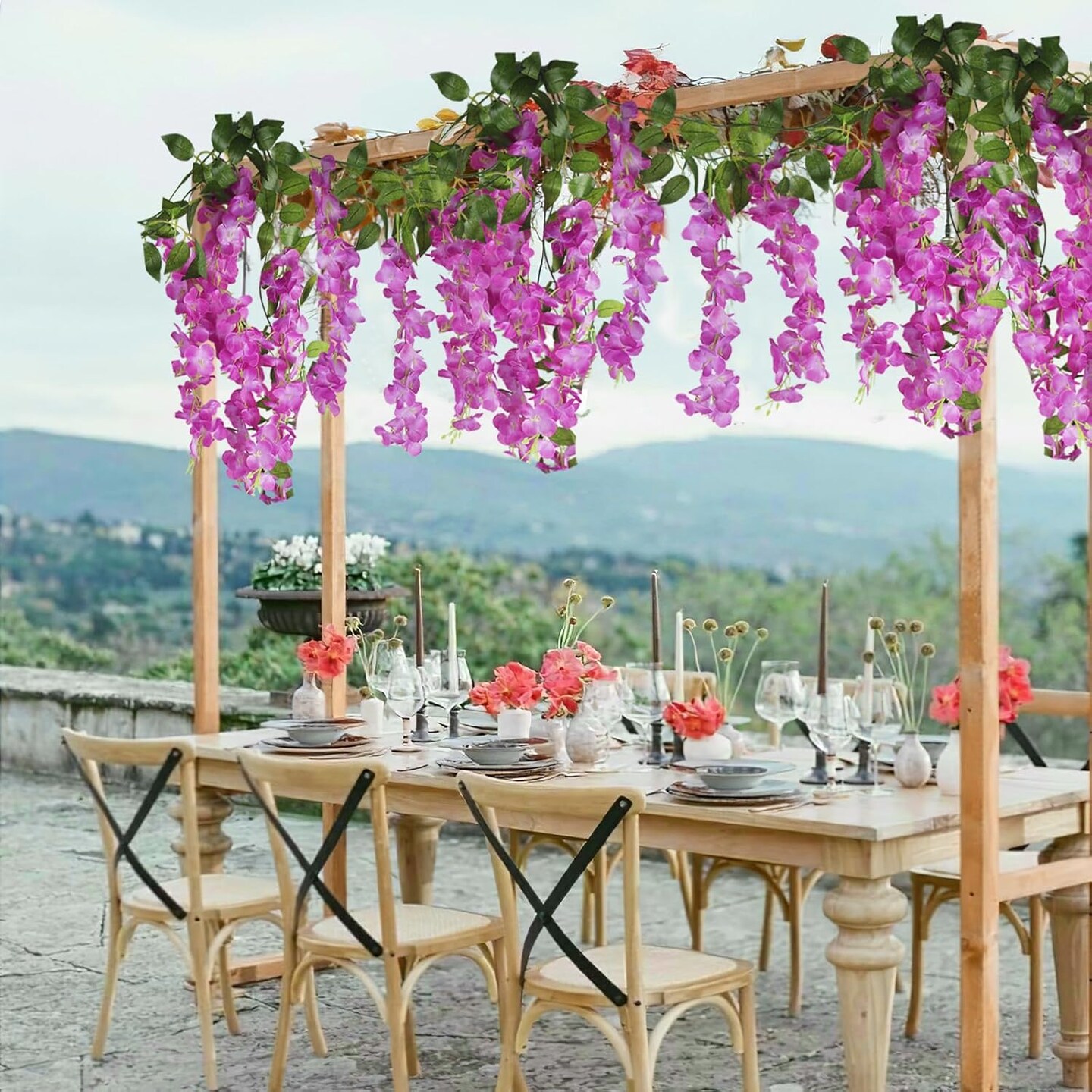 2 Pcs Wisteria Hanging Flower Vines – 7 ft Purple & Red Silk Garland for Wedding Arch, Party, Garden, Home & Table Backdrop Décor