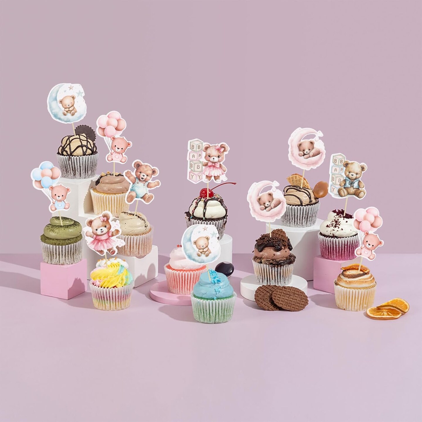 32Pcs Bear Cupcake Toppers Moon Baby Shower Cake Topper Decorations Jungle Animal Theme Birthday Party Cake Supplies Blue Pink