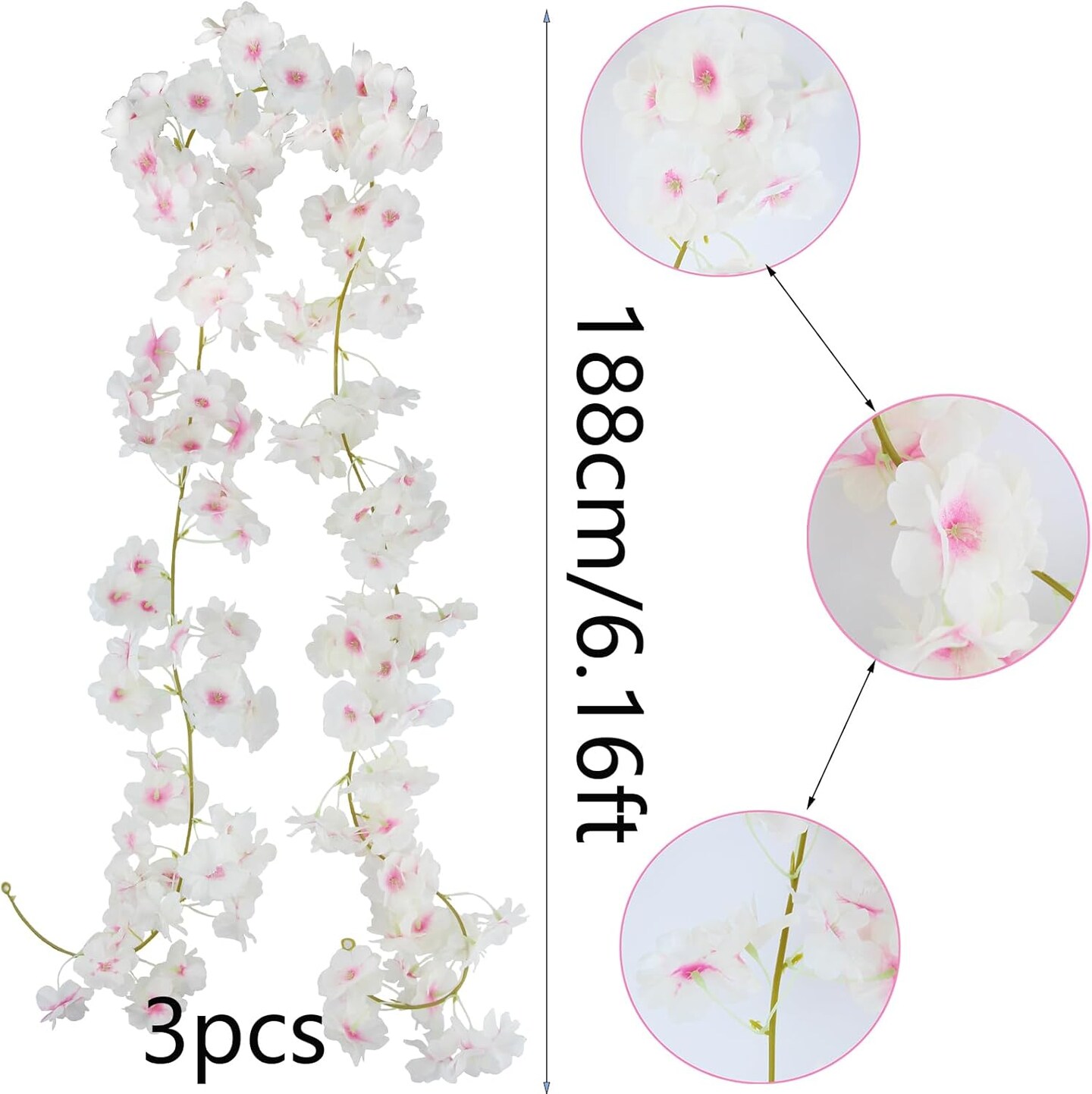 3 Pcs Cherry Blossom Garland – 18.48 ft Artificial Pink & White Silk Flower Vines for Hanging Home, Wedding, Garden, Party & Arch Décor