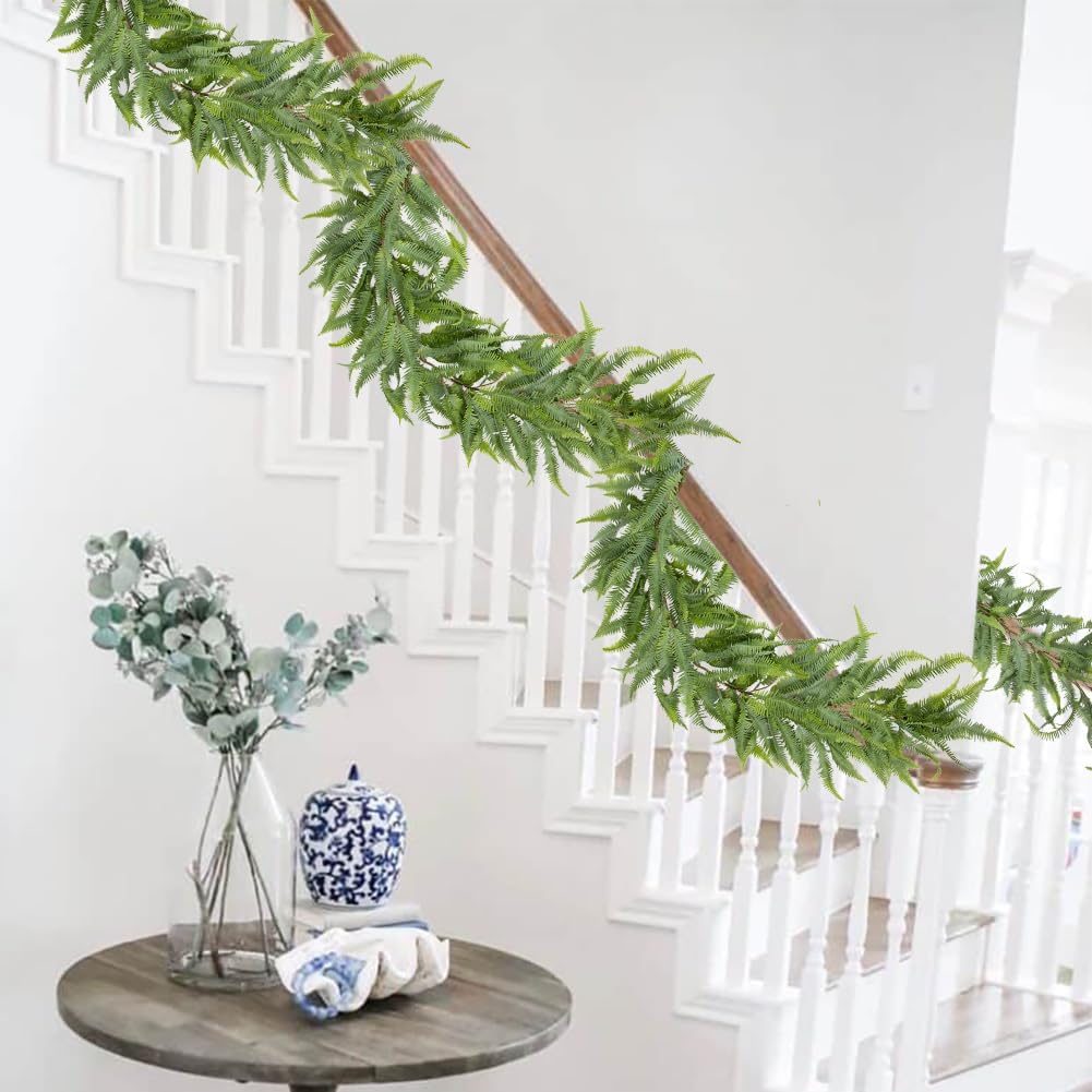 Long Greenery Garland Boston Fern Floral Garland for Door Mantle Decorations, Lush Realistic Spring Summer Artificial Garland for Home Farmhouse Indoor Decor