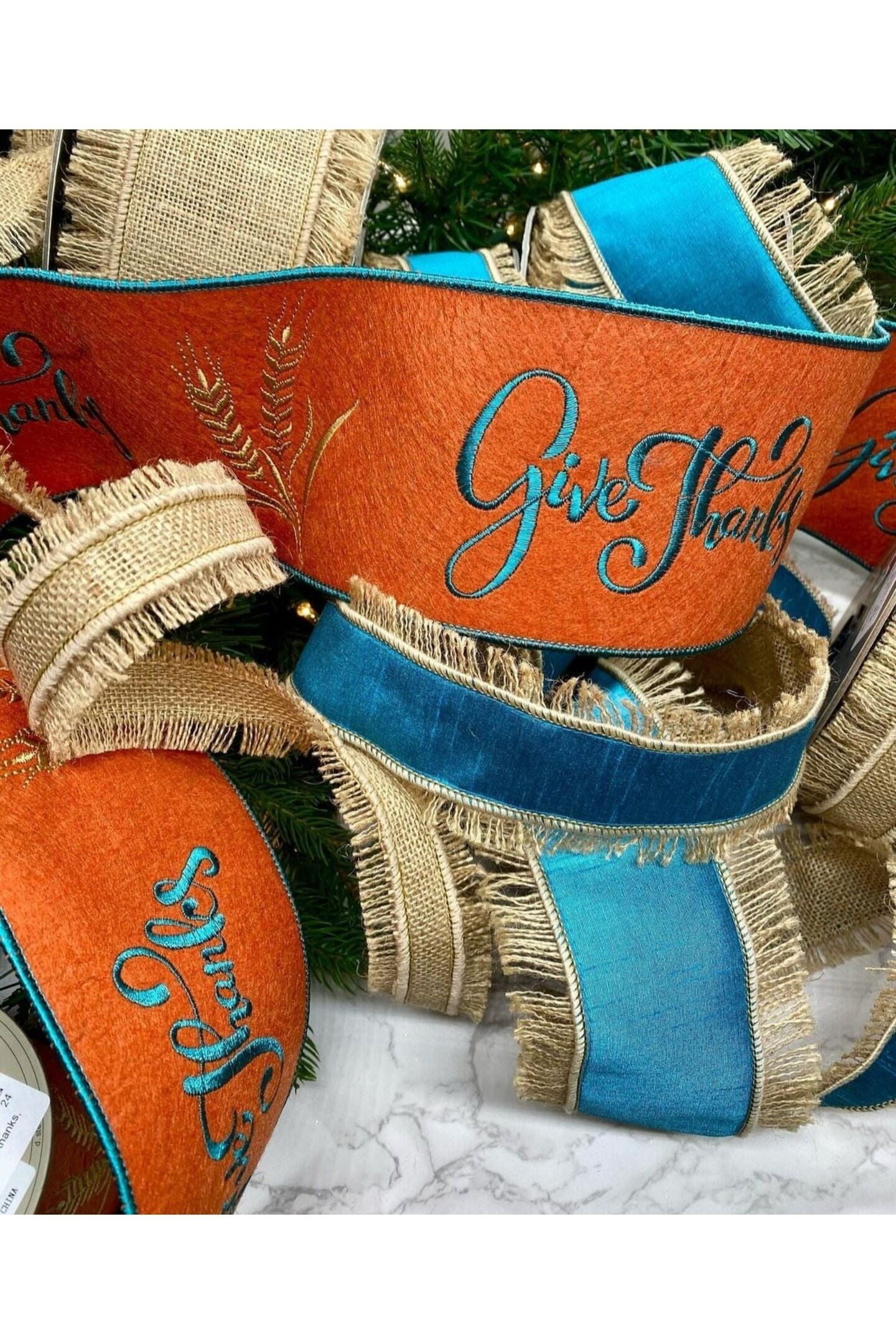 4&#x22; Embroidery Give Thanks Felt Ribbon: Orange (5 Yards)