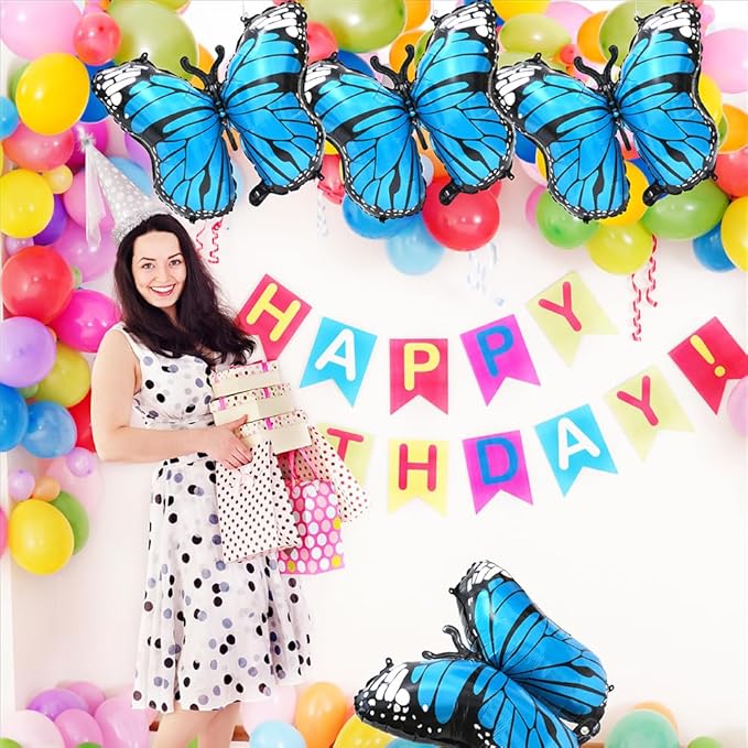 Blue Lovely 28 Inches Party Butterfly Balloon Kit, 4 Piece Aluminum Foil Mylar Helium Butterfly Balloons for Butterfly Themed Party, Wedding, Birthday, Baby Shower, Party Decoration Supplies