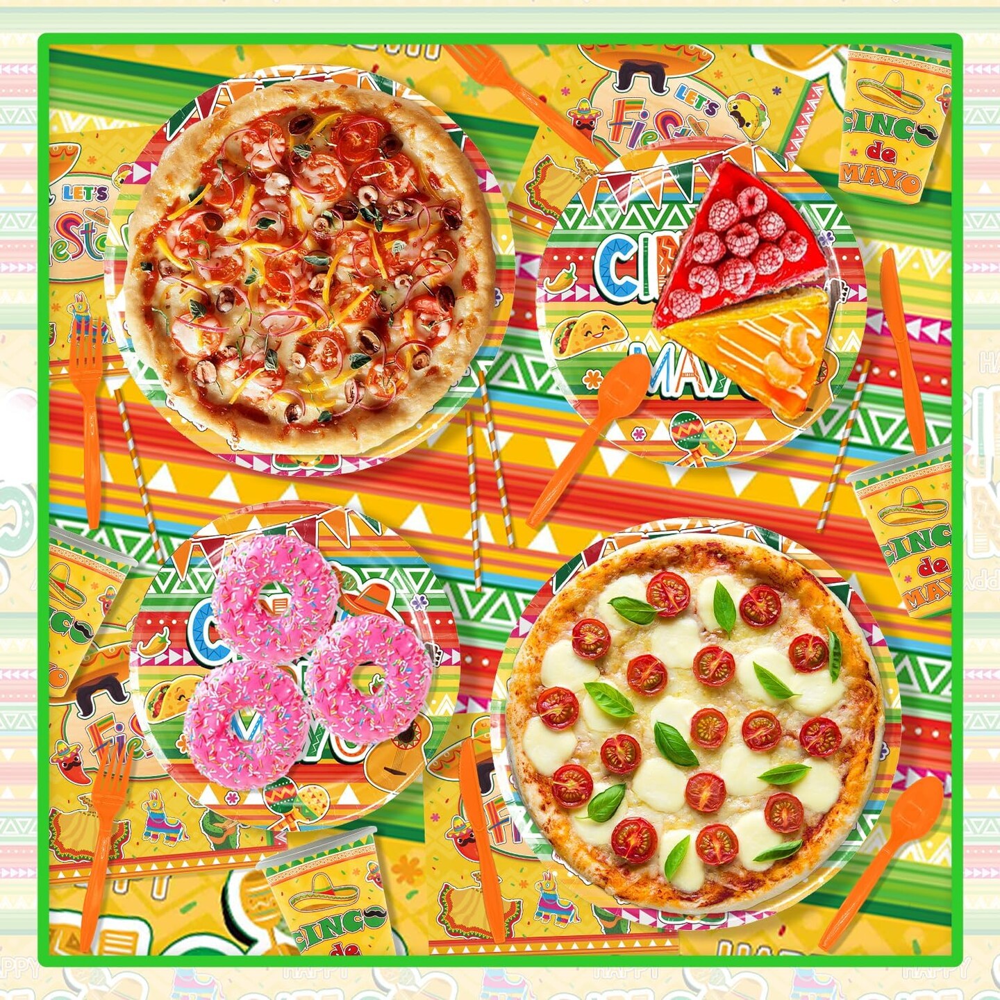 Cinco de Mayo Party Tableware Set - Serves 25 Mexican Theme Party Supplies, Disposable Plates, Tablecloth, Cups, Forks, Spoons, Knife, Napkins, Straws Dinnerware Utensils for Mexico Party