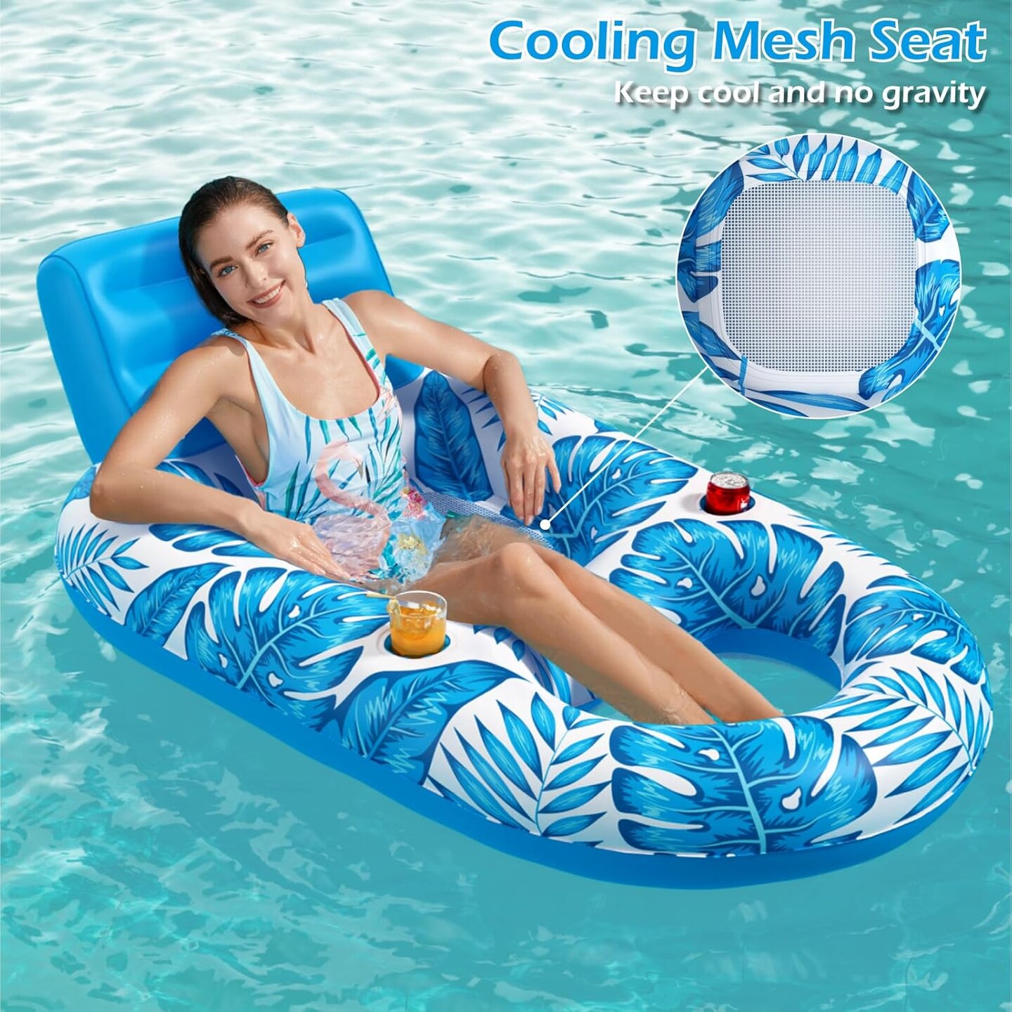 Summer Inflatable Pool Float Adult - Pool Floaties Lounger Floats Raft Floating Chair Water Floaties for Swimming Pool Lake Lounge Float with Cup Holders Beach Pool Party Toys