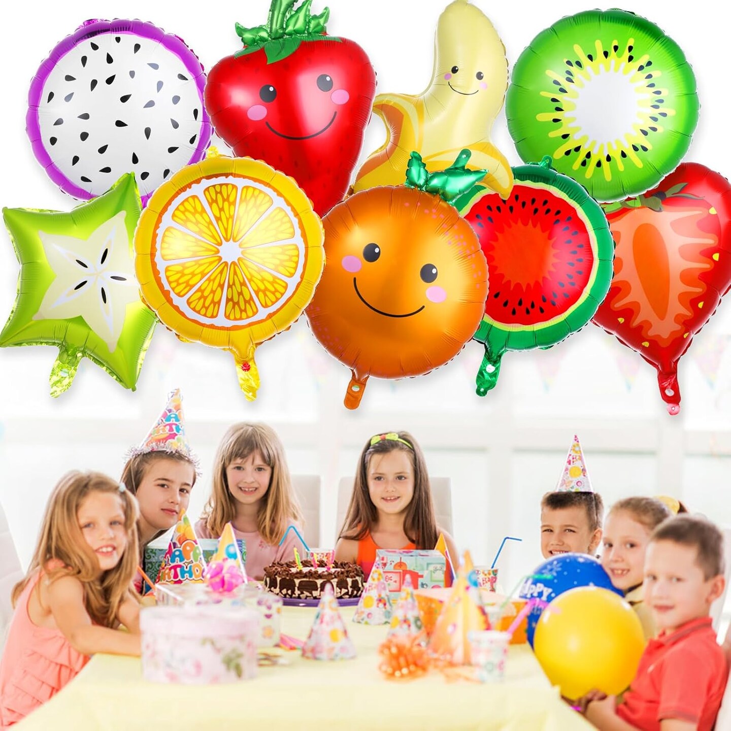 18 Pics Fruit Balloons, Fruit Party Decorations with Ribbon and Straw, Fruit Aluminum Foil Balloons Tutti Frutti Party Decorations Tropical Fruit