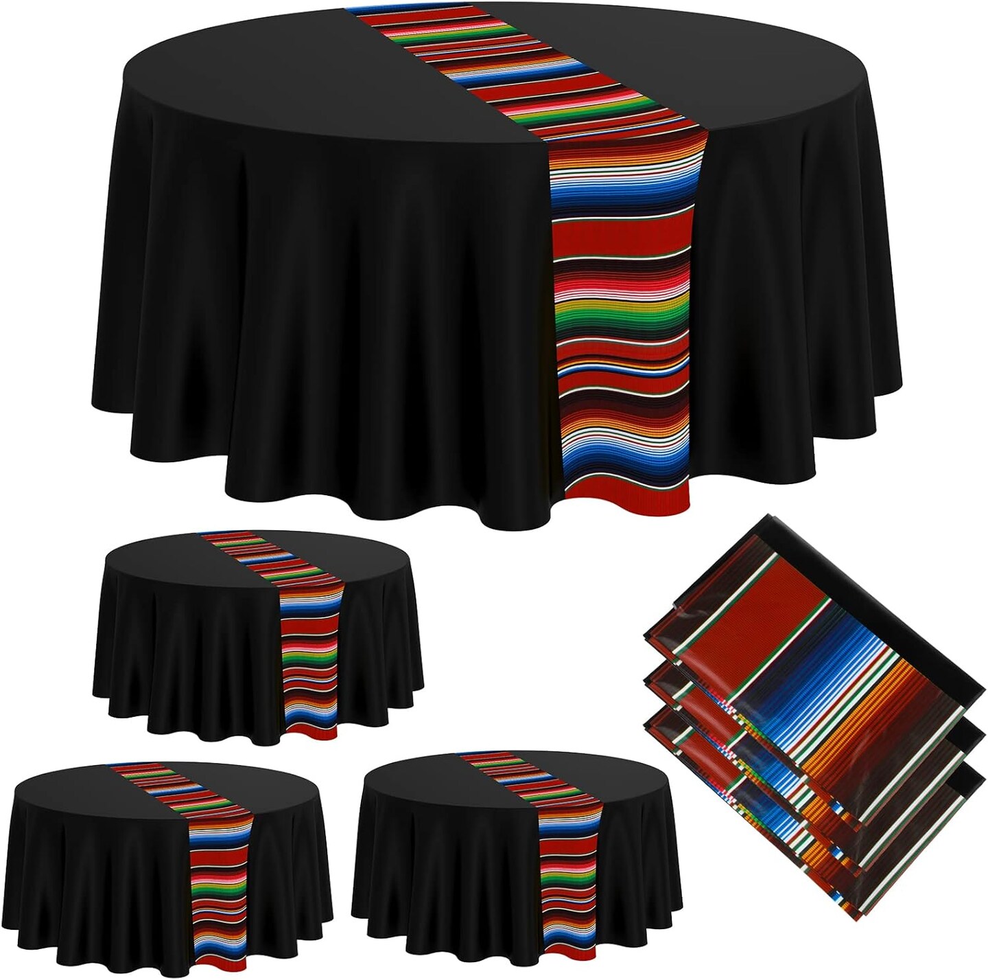 3 Pcs Mexican Fiesta Tablecloth 84 Inch Plastic Tablecover Waterproof Round Tablecloth Striped Serape Table Runner for Mexican Carnival Wedding Taco Party Decorations (Black)