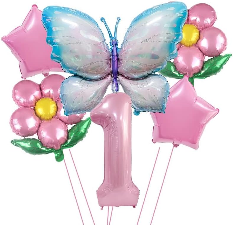 Butterfly Balloon 1st Birthday Decorations,Pink Blue Butterfly Fairy Floral Foil Balloons for Girl First Birthday Party Decorations Baby Shower Supplies&#x2026;