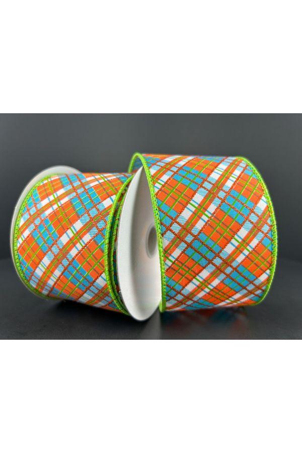 2.5&#x22; White Satin Busy Plaid Ribbon: Teal, Lime and Orange (10 Yards)