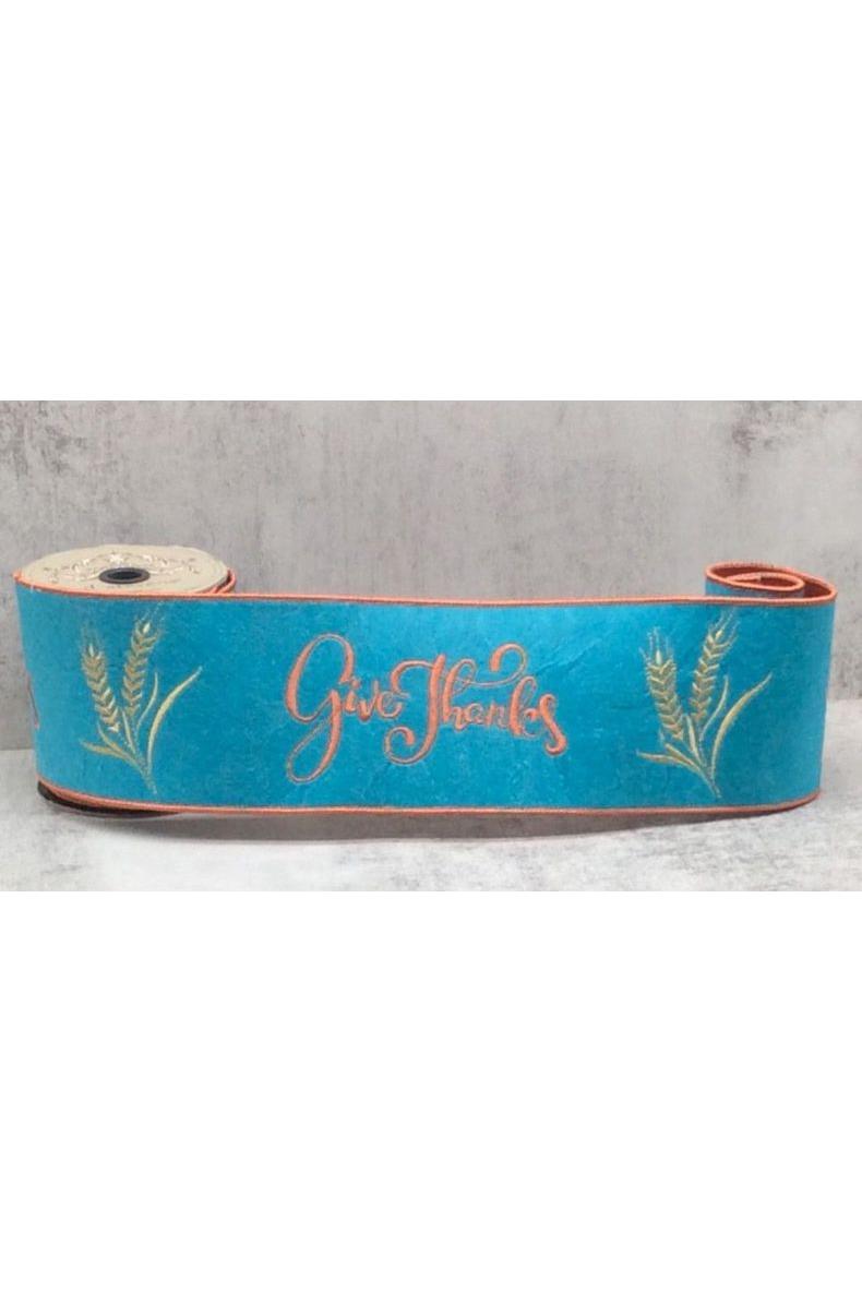 4&#x22; Embroidery Give Thanks Felt Ribbon: Teal (5 Yards)