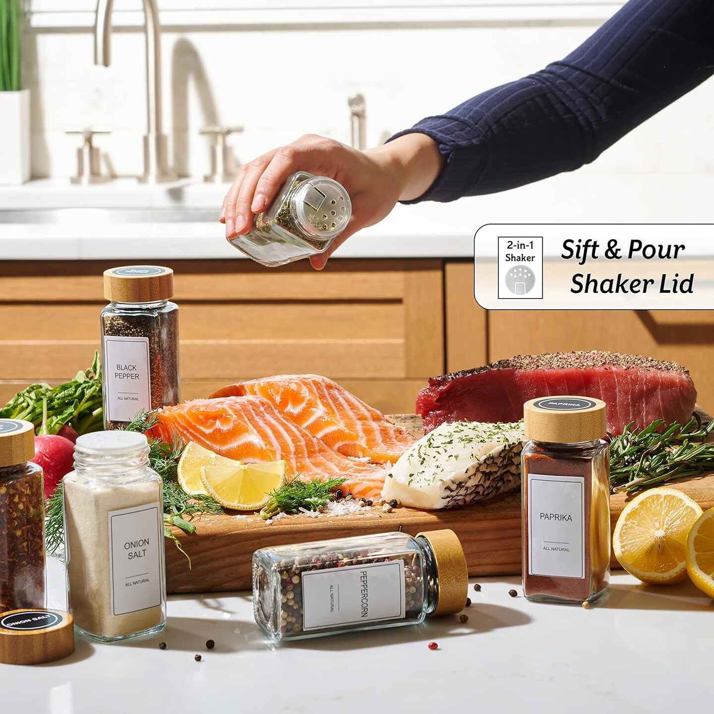 Glass Spice Jars with Label Set, Bamboo Lids &#x26; Funnel - Kitchen Airtight Storage Jars with Lids - Spices and Seasonings Sets Organizer, Spice Glass Jar with Lid Food Canister Bottle Sugar Shaker