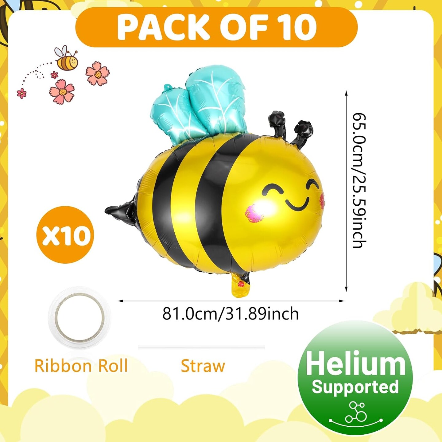 Bee Balloons 10 Pack Smile Face Bee Foil Mylar Balloons for Bee Themed Party Birthday Baby Shower Wedding Party Decorations Supplies