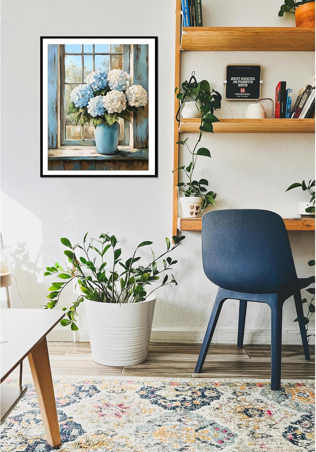 Hydrangeas Paint by Number, Rustic Window Blue Flowers Paint by Numbers for Adults,Easy Acrylic Adults Beginner DIY Oil Painting on Canvas for Gift, Floral Home Wall Decor