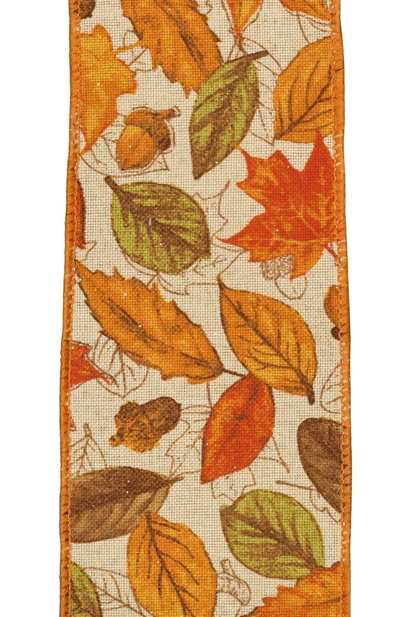2.5&#x22; Leaves and Acorns Ribbon: Tobacco (10 Yards)