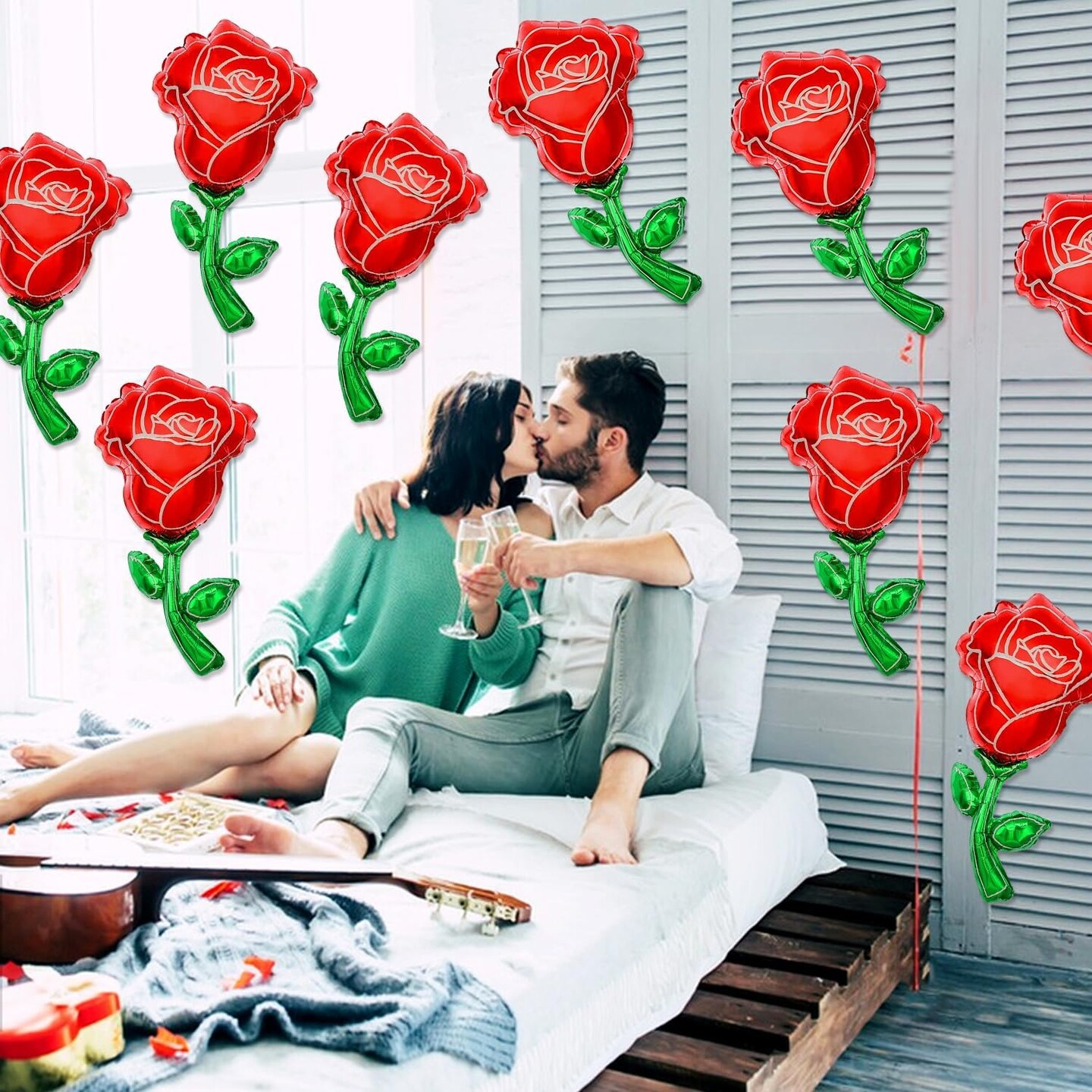 24 PCS Valentines Day Rose Foil Balloons, 12 Inch Rose Flower Shape Balloons Red Rose Aluminum Foil Balloons for Valentines Day Party Decorations Baby Shower Wedding Birthday Party Decor