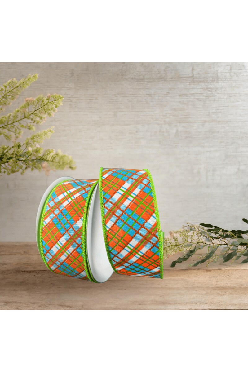 1.5&#x22; White Satin Busy Plaid Ribbon: Teal, Lime and Orange (10 Yards)